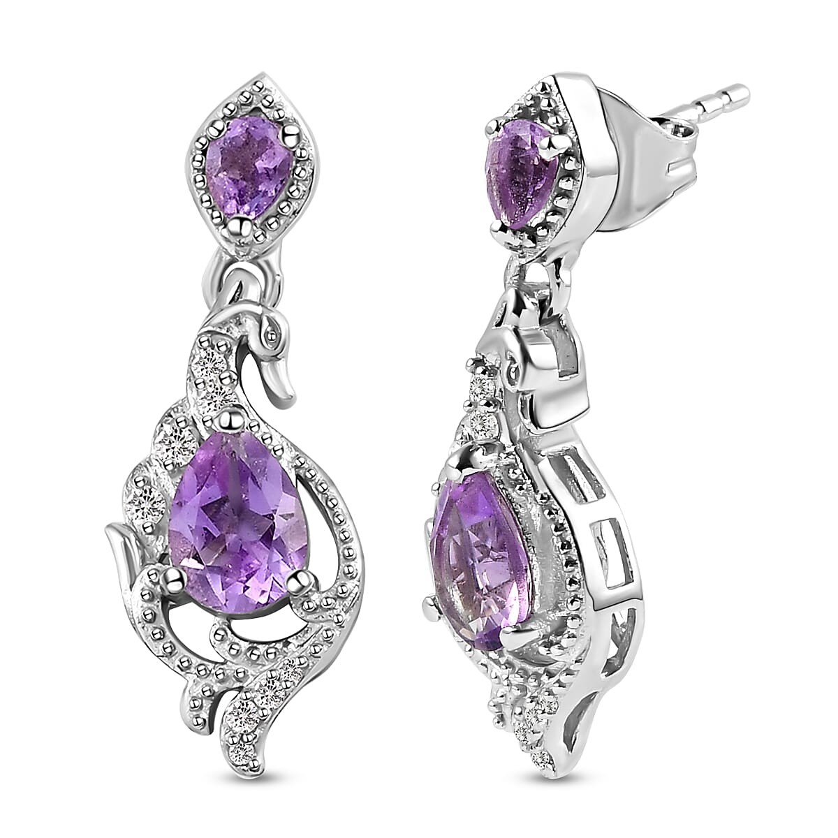 Moroccan Amethyst and Natural Cambodian Zircon Dangle Earrings (with Push Back) in Platinum Overlay Sterling Silver 1.78 Ct.