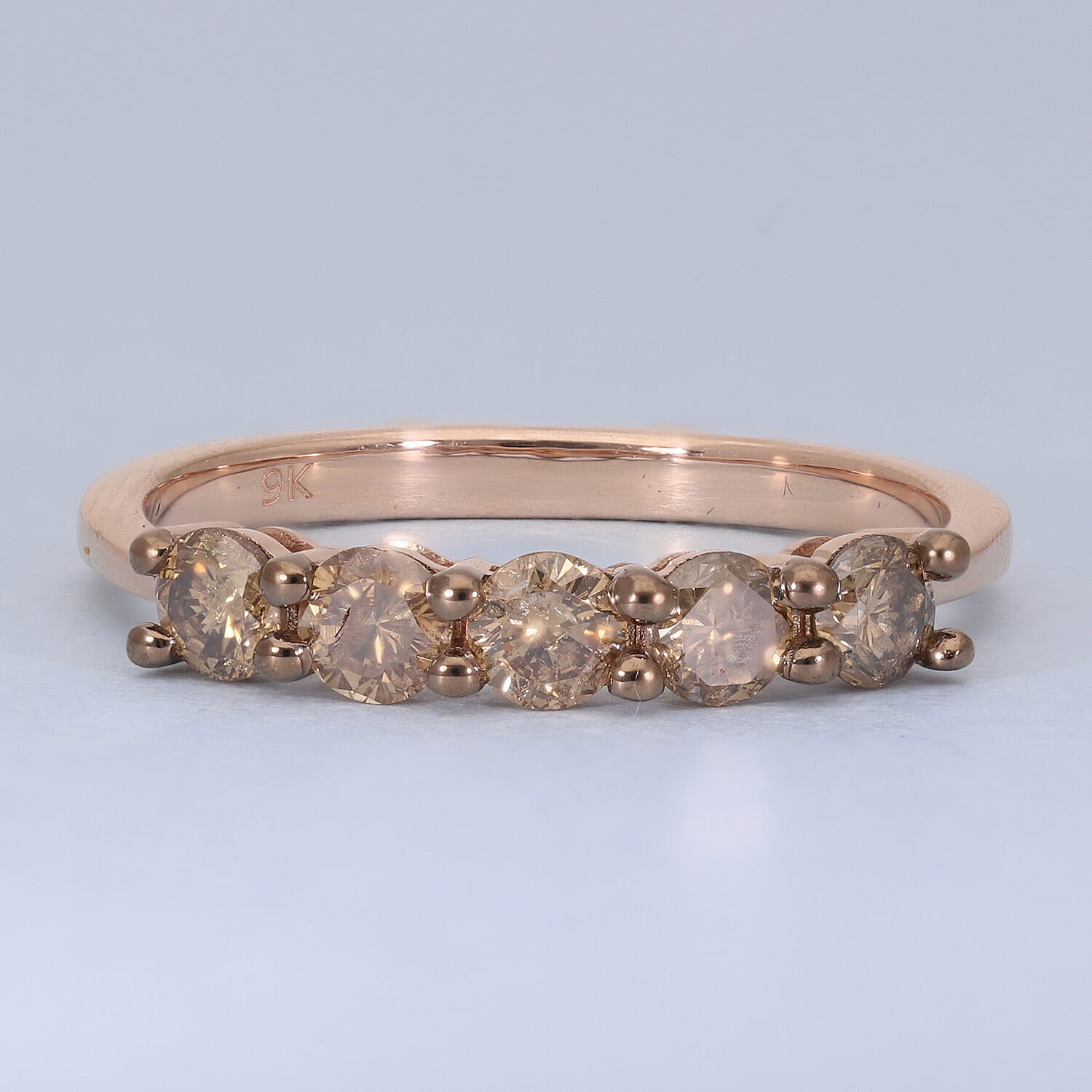 9K Rose Gold SGL Certified Natural Champagne Diamond Five Stone Ring 1.00 Ct.