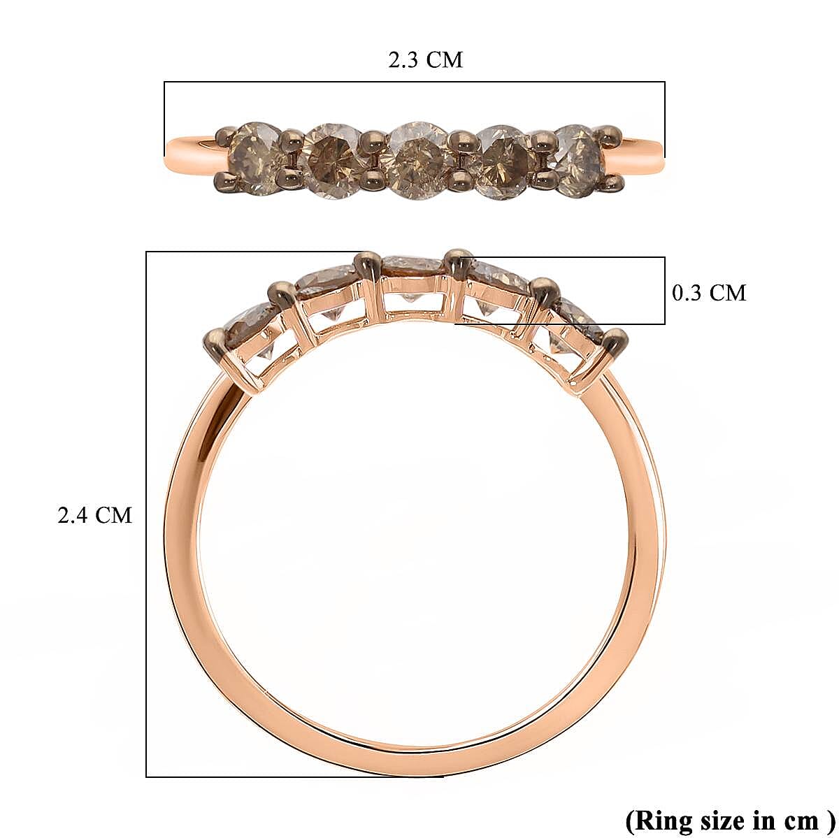 9K Rose Gold SGL Certified Natural Champagne Diamond Five Stone Ring 1.00 Ct.