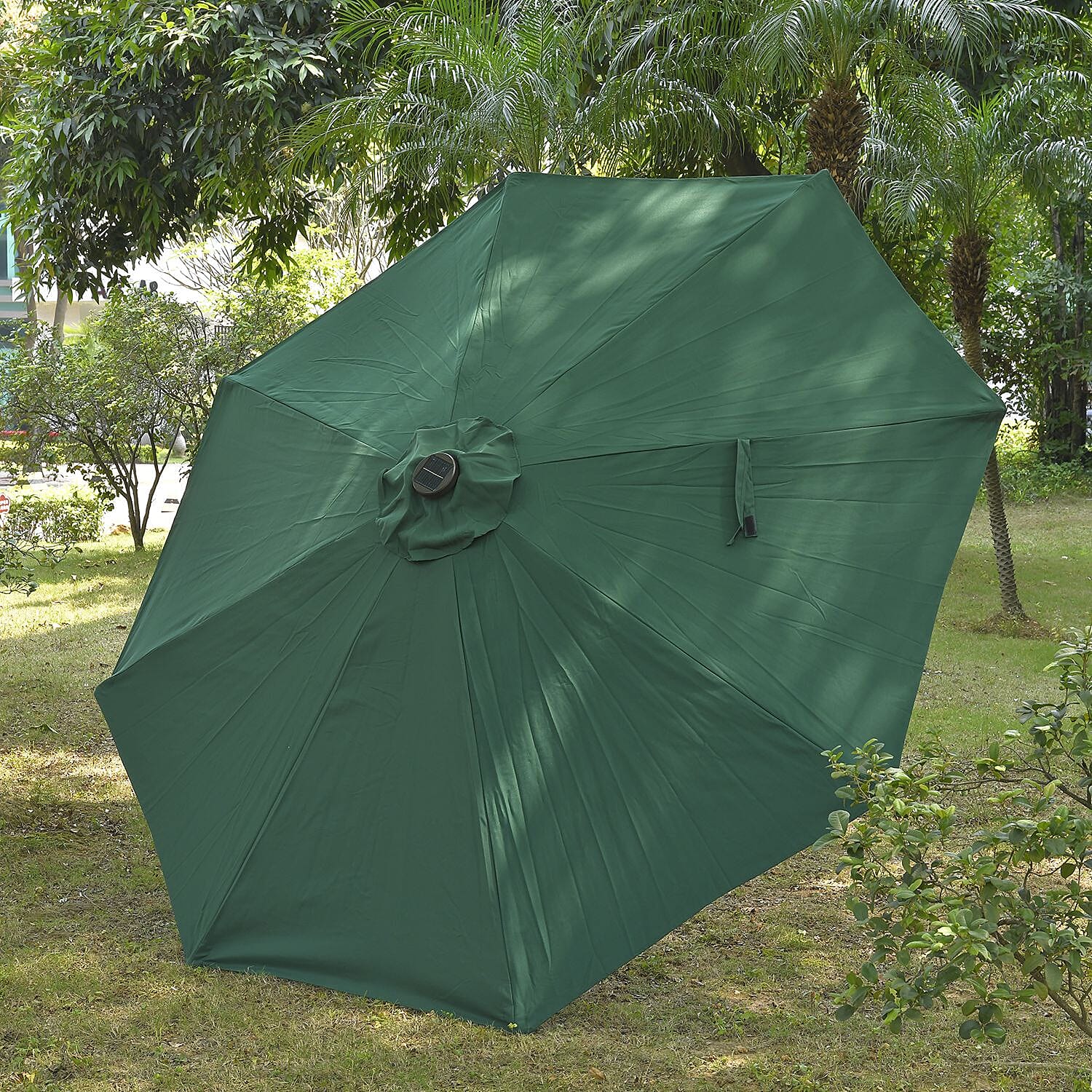 Outdoor Parasol with Solar LED Lights and Solid Base, 8 arm, 2.7m Diameter, 2.5m height - Green