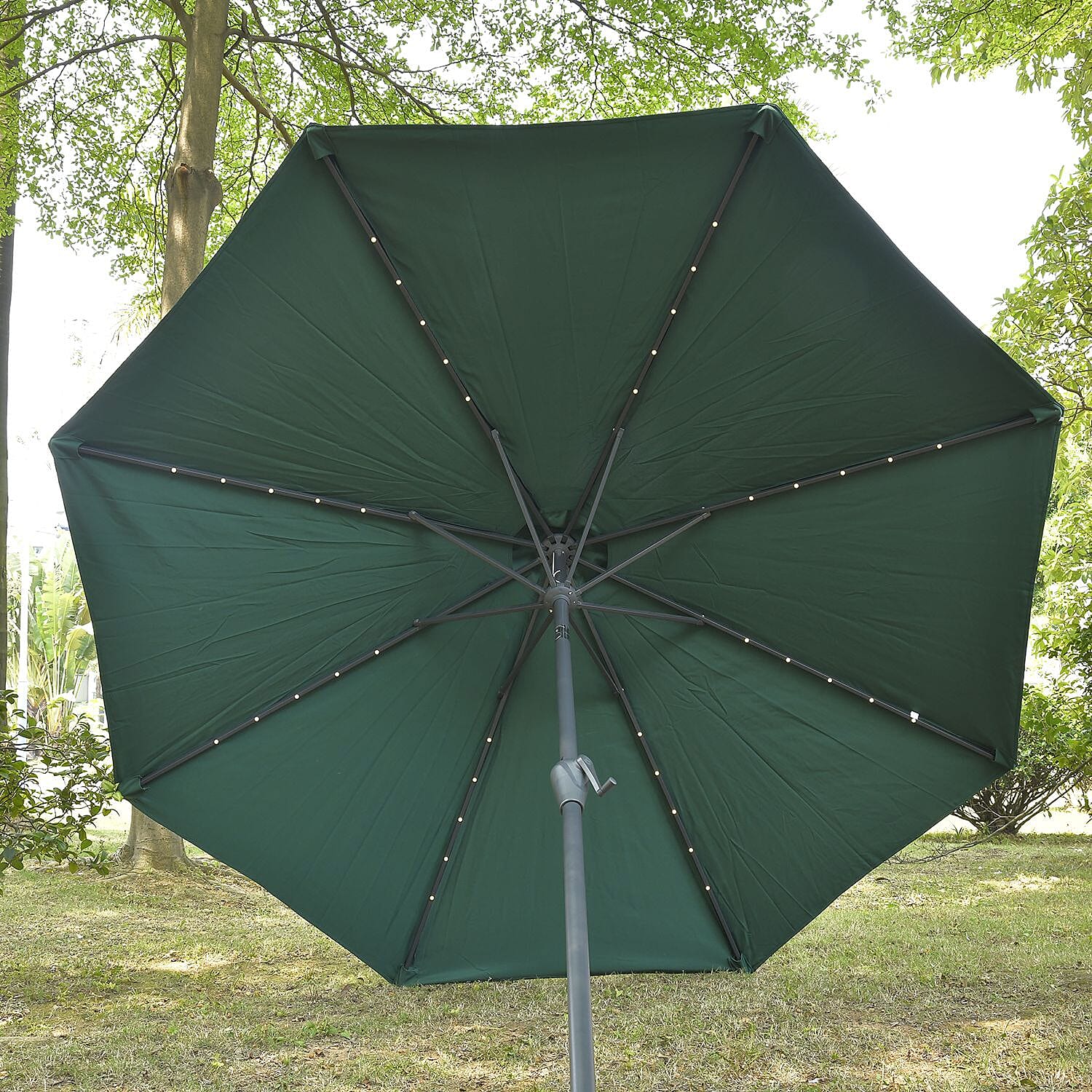 Outdoor Parasol with Solar LED Lights and Solid Base, 8 arm, 2.7m Diameter, 2.5m height - Green