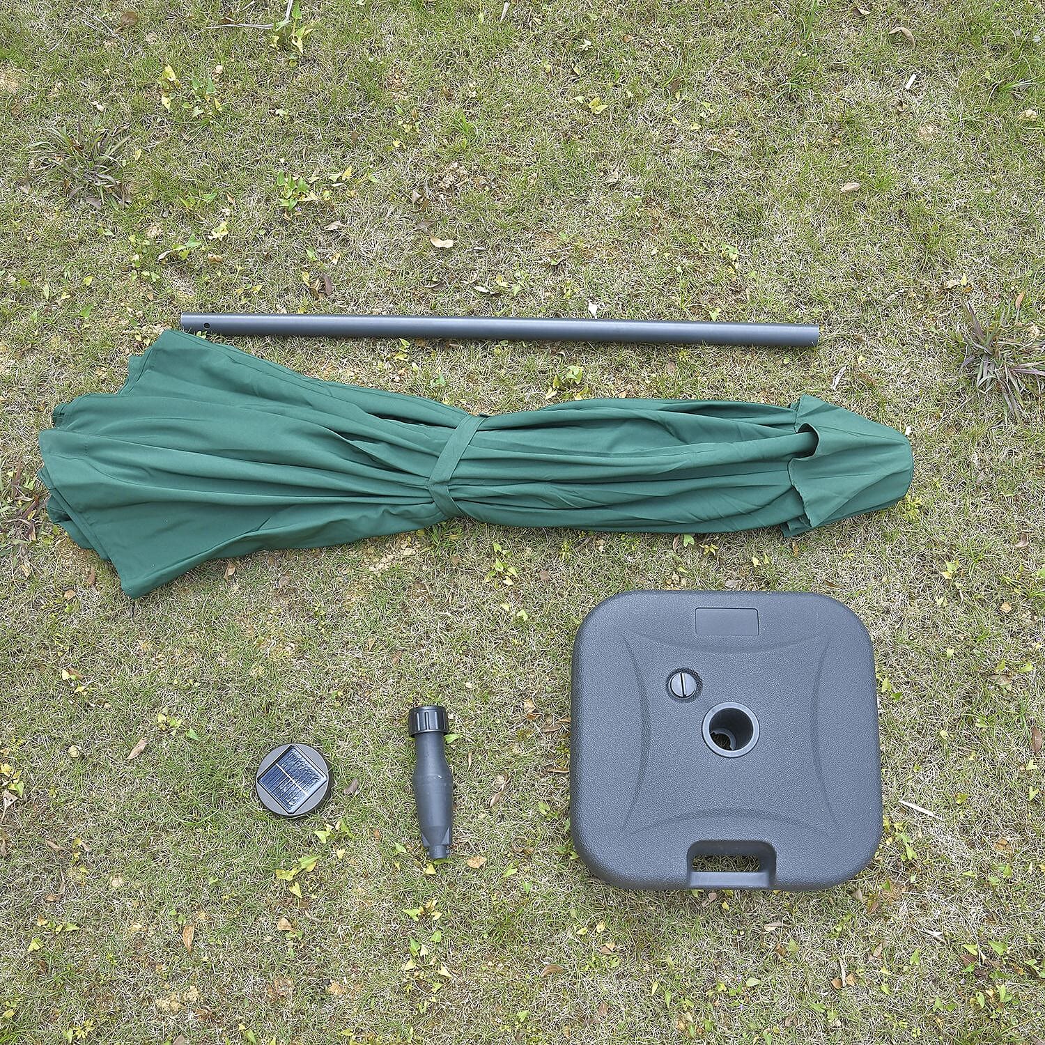 Outdoor Parasol with Solar LED Lights and Solid Base, 8 arm, 2.7m Diameter, 2.5m height - Green