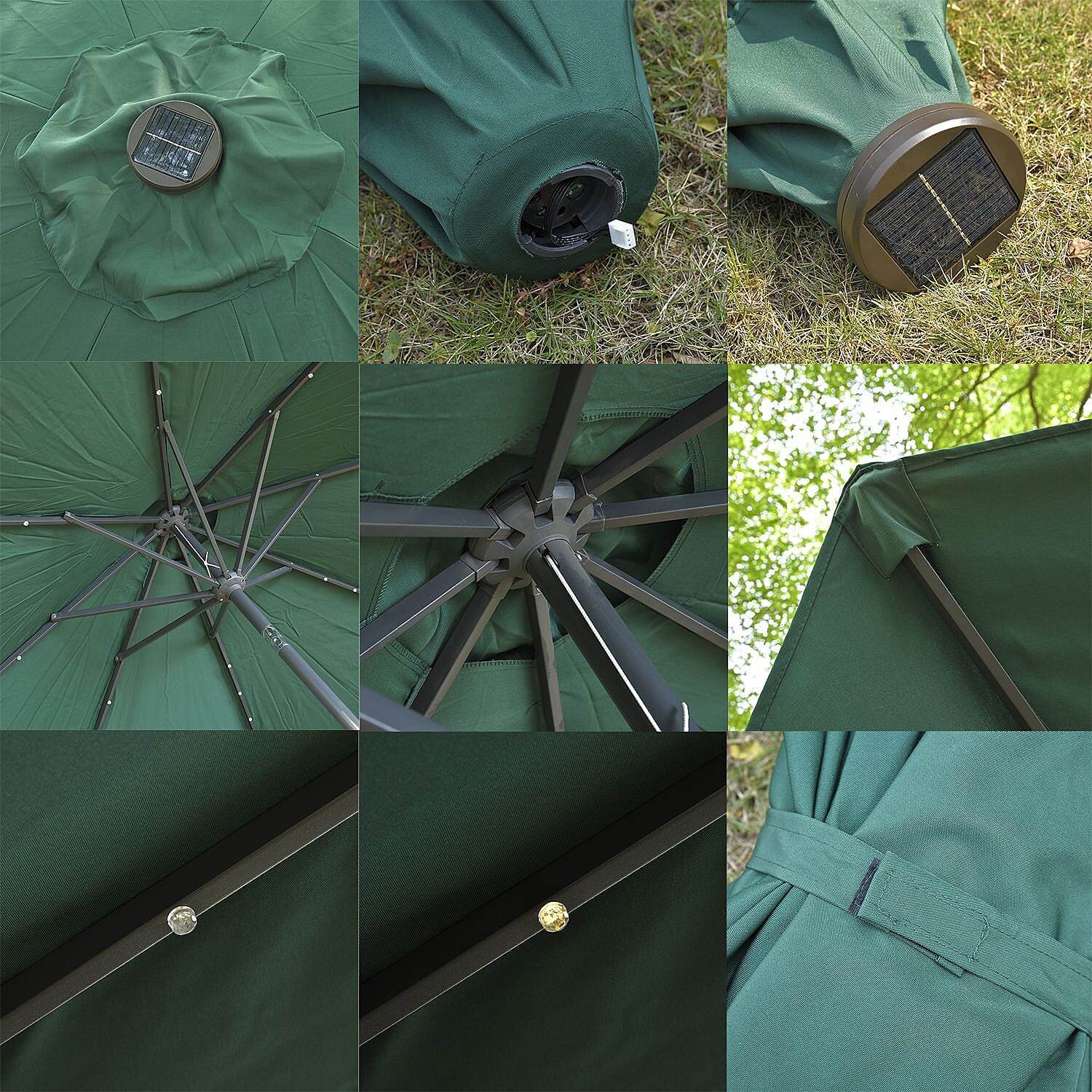 Outdoor Parasol with Solar LED Lights and Solid Base, 8 arm, 2.7m Diameter, 2.5m height - Green