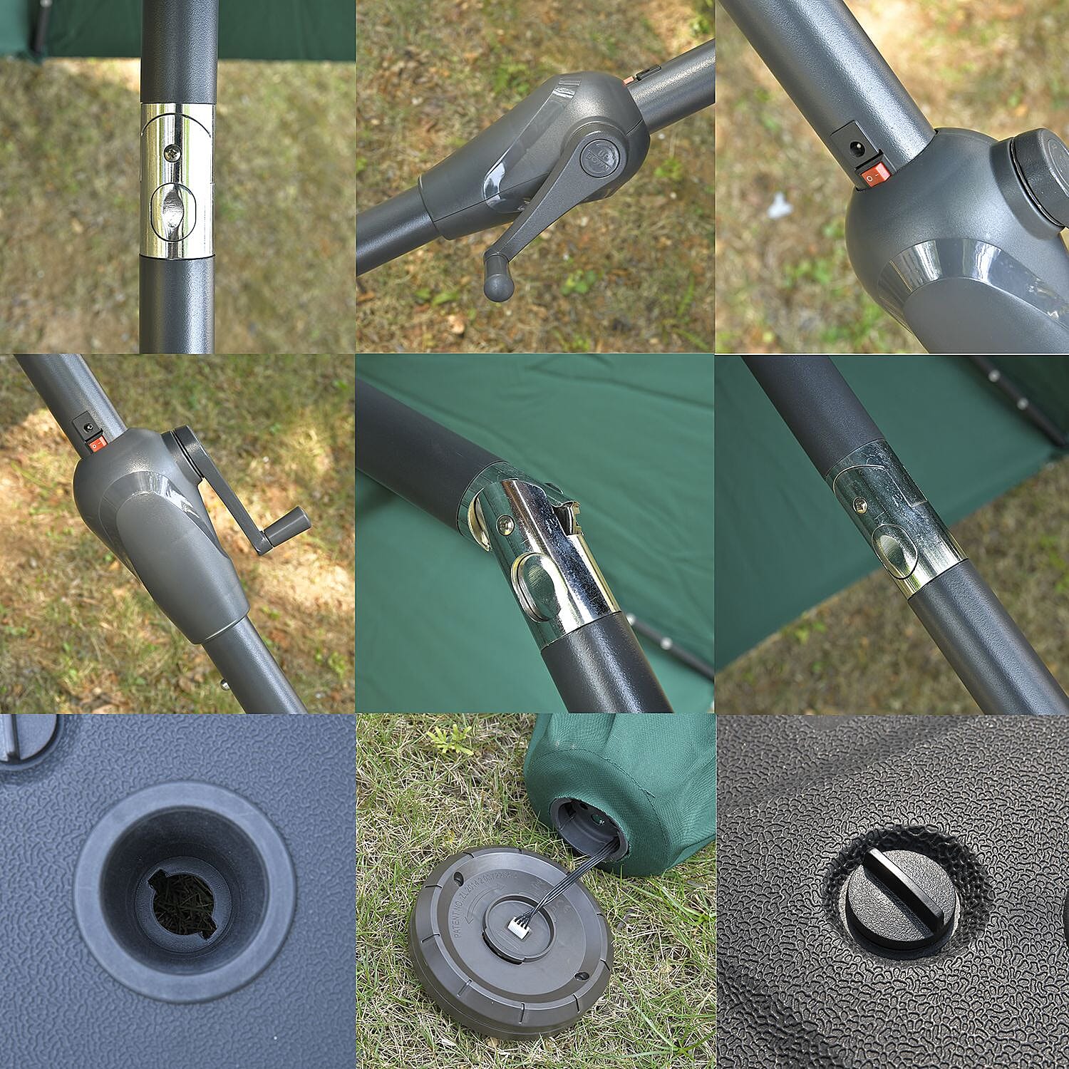 Outdoor Parasol with Solar LED Lights and Solid Base, 8 arm, 2.7m Diameter, 2.5m height - Green