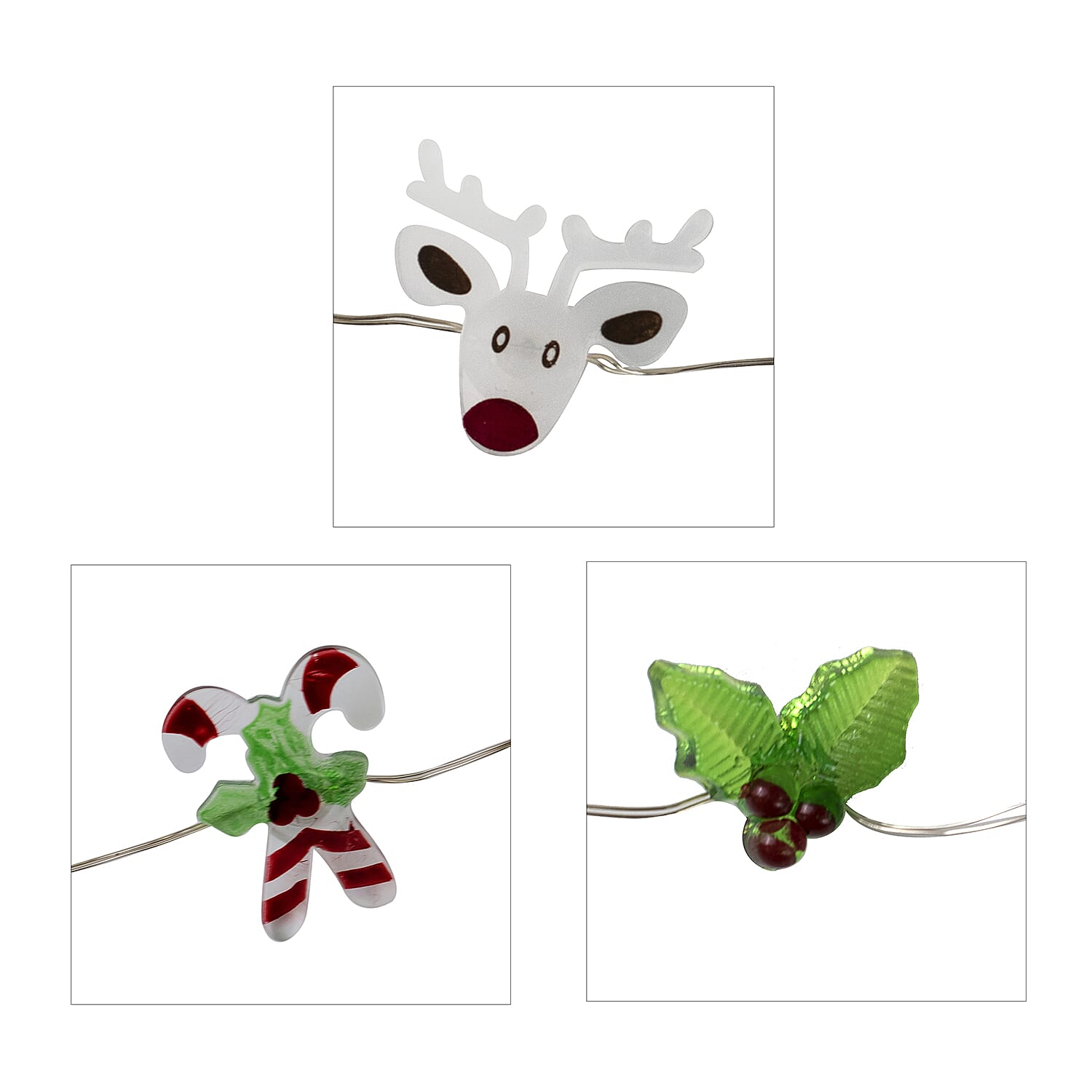 Set of Three Novelty Christmas Lights, Reindeer, Mistletoe and Candy Cane