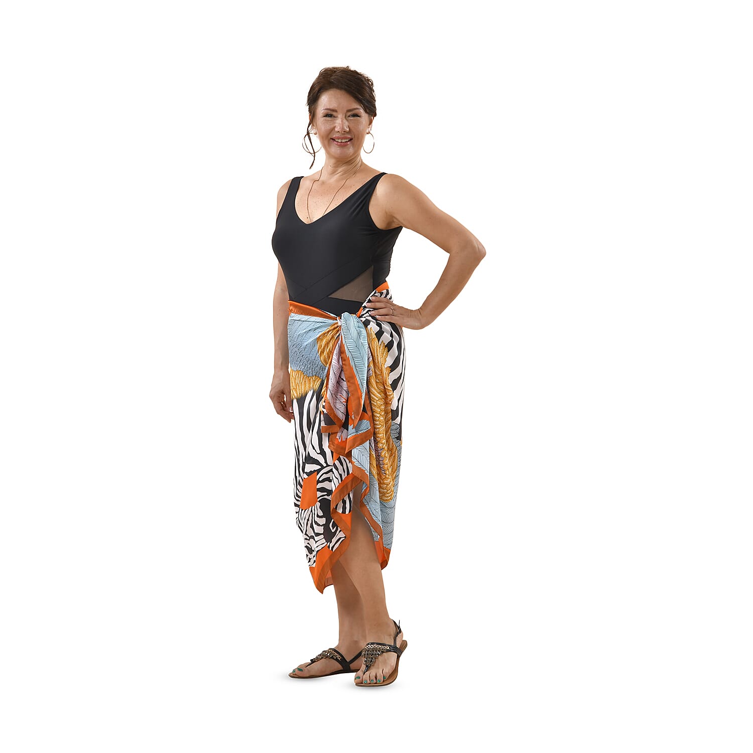 Satin Print Sarong / Scarf (Size 180x87 Cm) - Orange & Multi