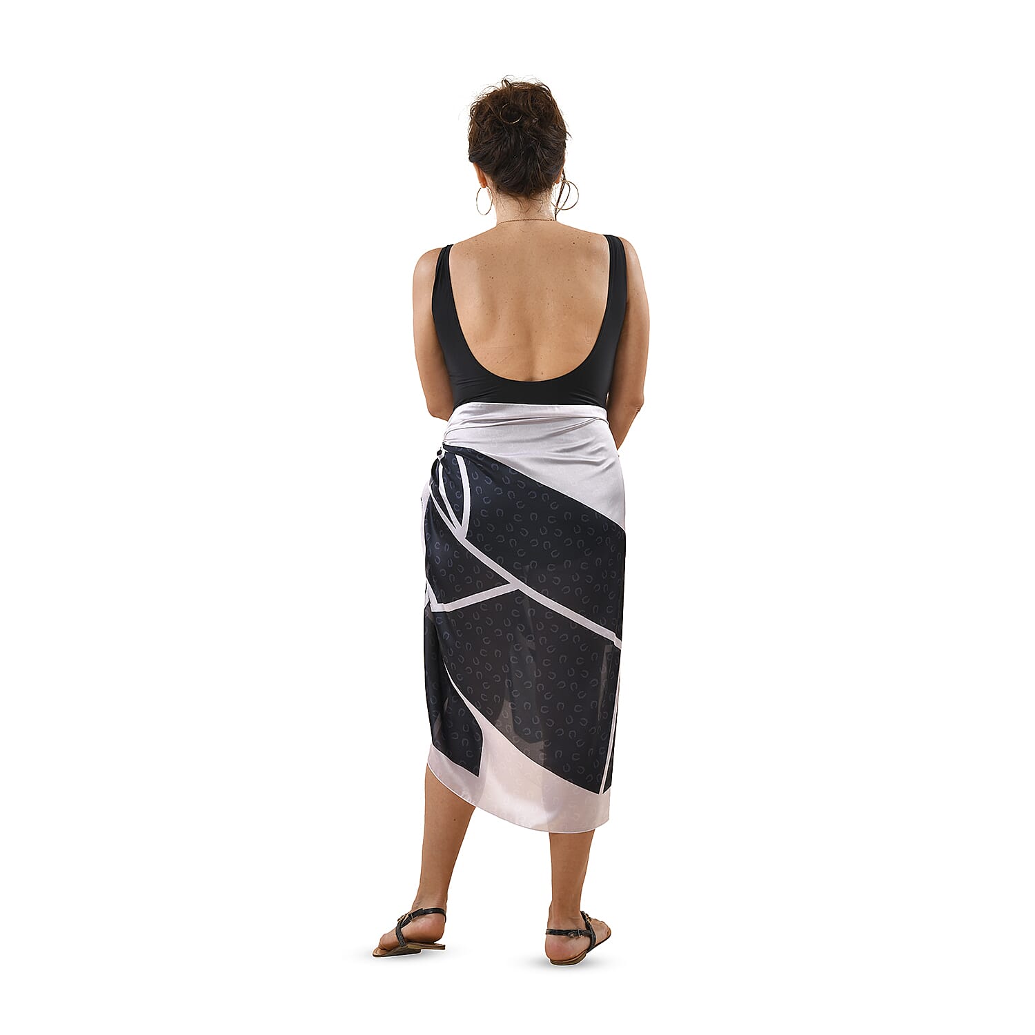 Satin Print Sarong / Scarf (Size 180x87 Cm) - Black & Cream