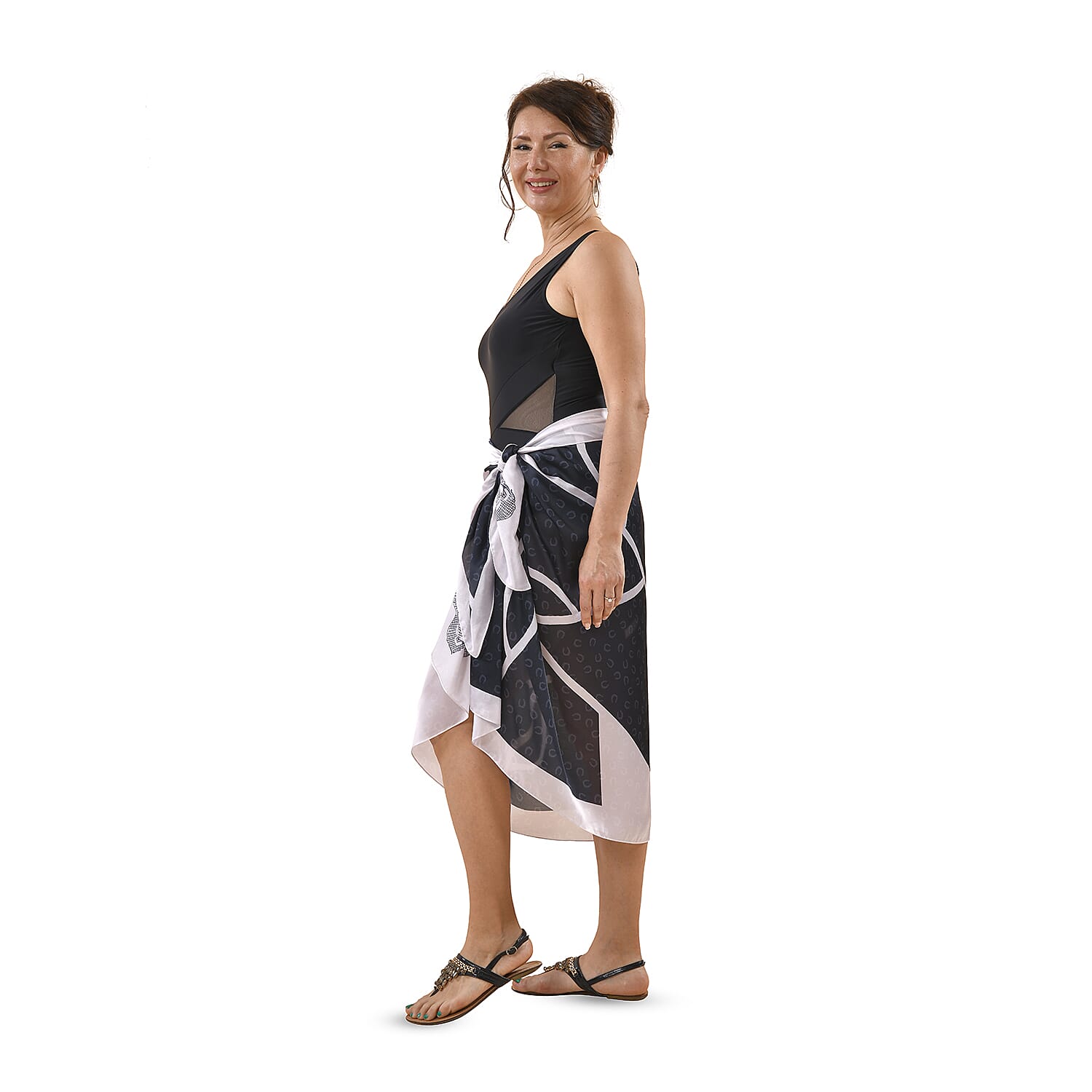 Satin Print Sarong / Scarf (Size 180x87 Cm) - Black & Cream