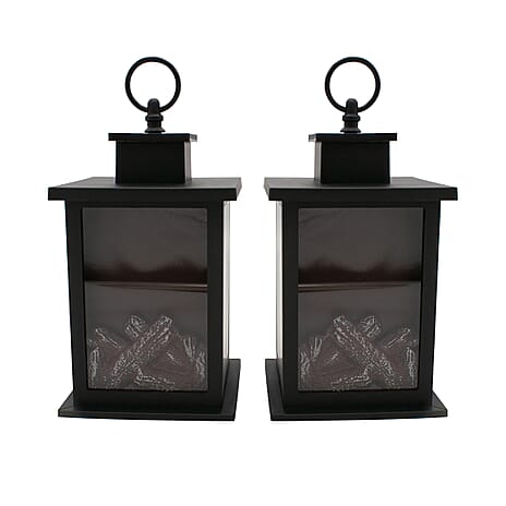 Set of 2 Fireplace Lantern with Warm Light (Requires 3AA Batteries) - Black