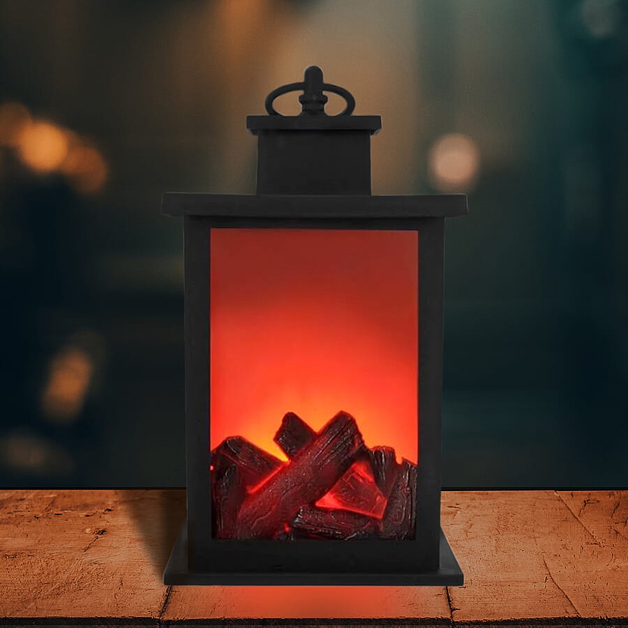 Set of 2 Fireplace Lantern with Warm Light (Requires 3AA Batteries) - Black