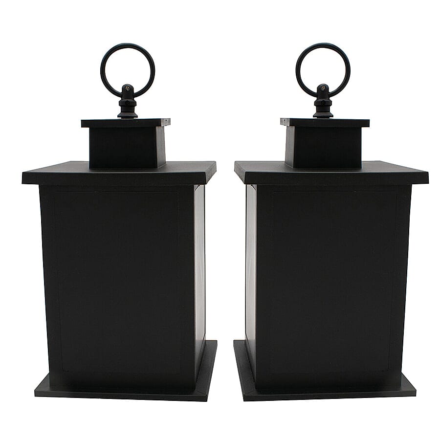 Set of 2 Fireplace Lantern with Warm Light (Requires 3AA Batteries) - Black