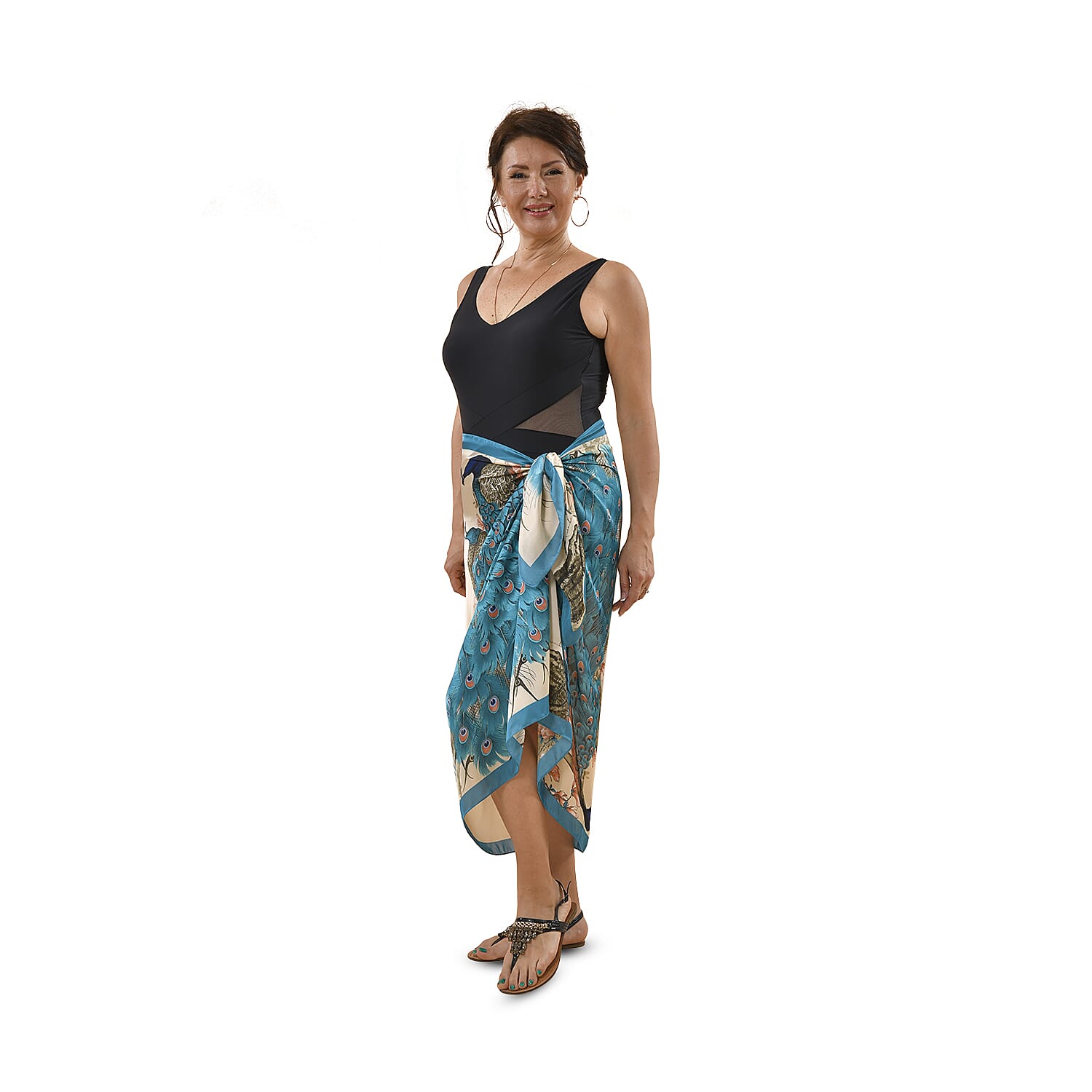 Satin Print Sarong / Scarf (Size 180x87 Cm) - Beige & Blue