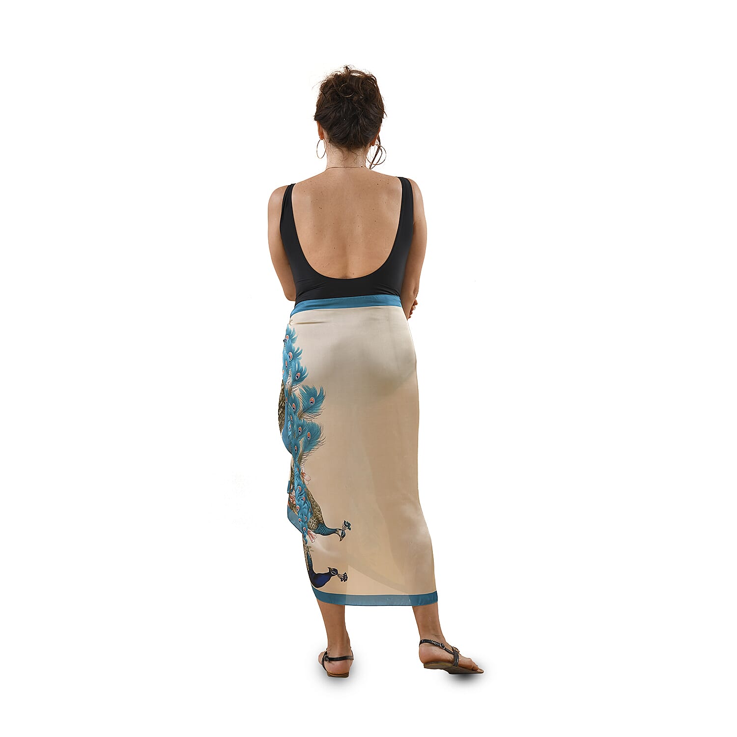 Satin Print Sarong / Scarf (Size 180x87 Cm) - Beige & Blue
