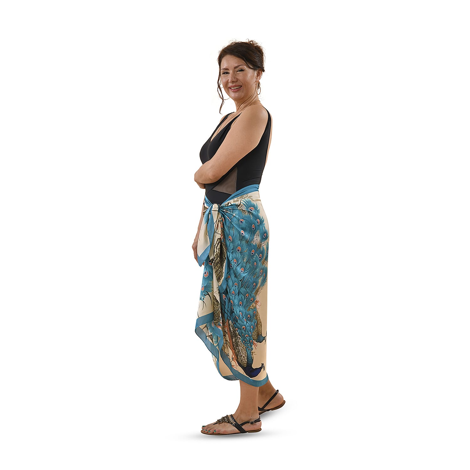 Satin Print Sarong / Scarf (Size 180x87 Cm) - Beige & Blue