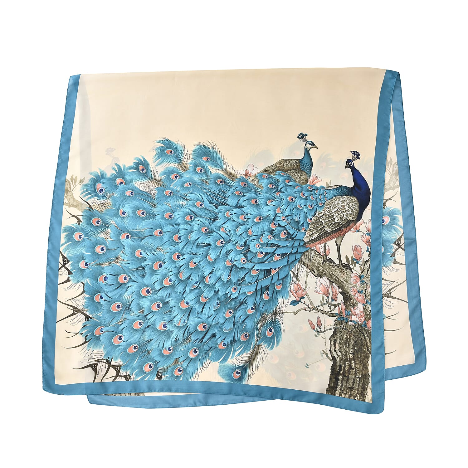 Satin Print Sarong / Scarf (Size 180x87 Cm) - Beige & Blue