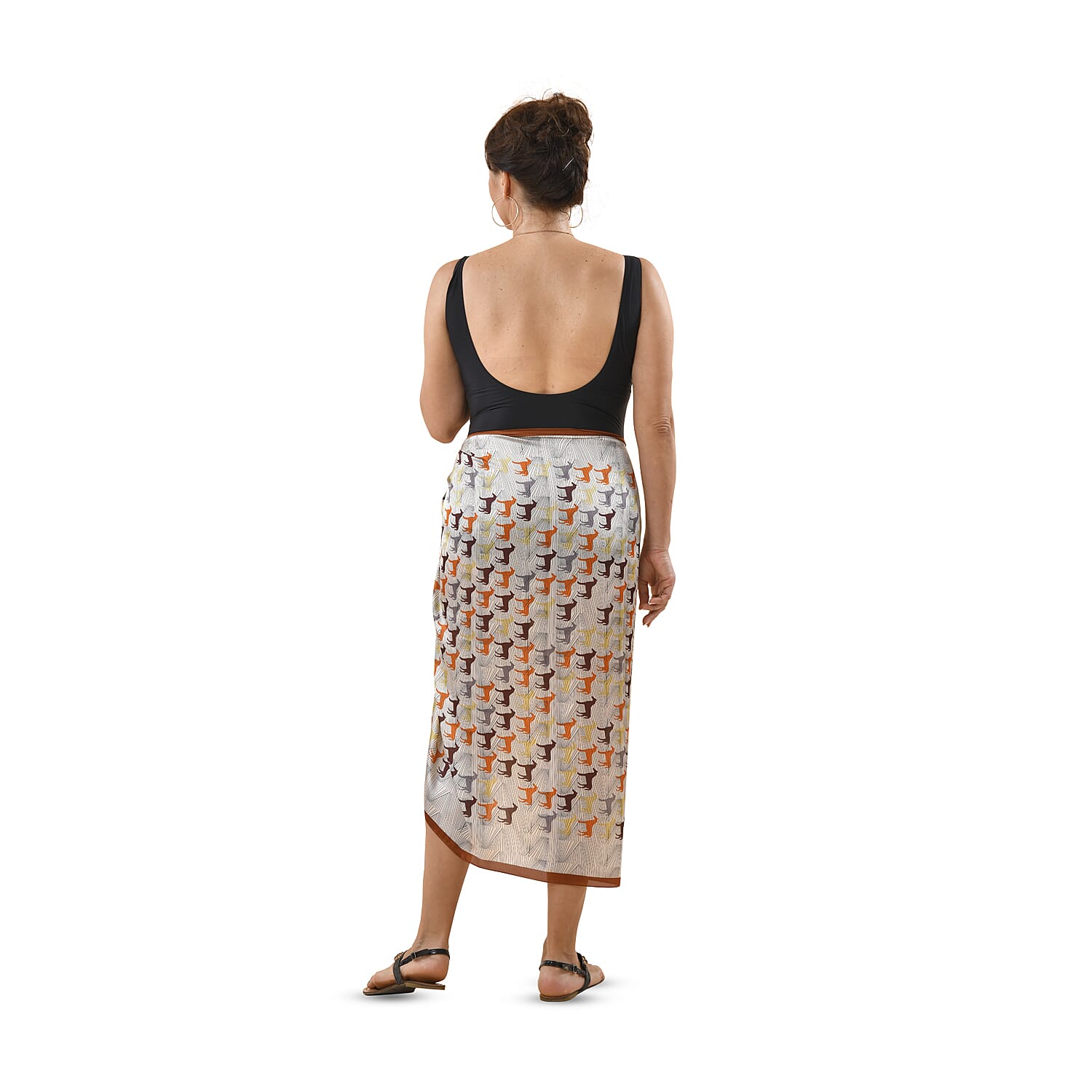 Satin Print Sarong / Scarf (Size 180x87 Cm) - White & Brown