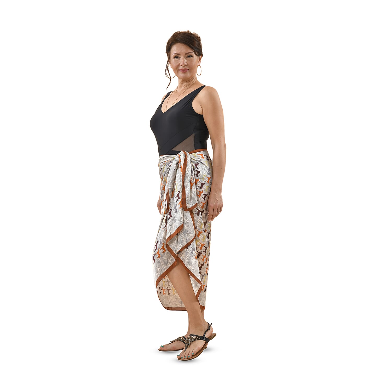 Satin Print Sarong / Scarf (Size 180x87 Cm) - White & Brown