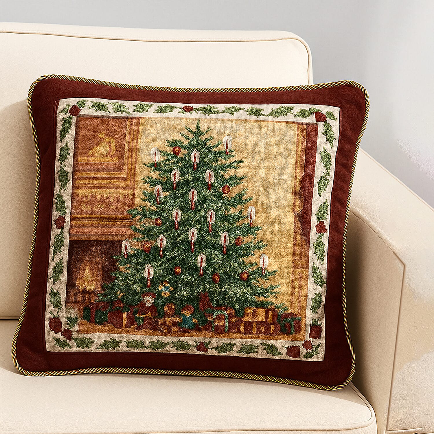 LED Tapestry Cushion Christmas Tree - Beige, Wine Red and Green