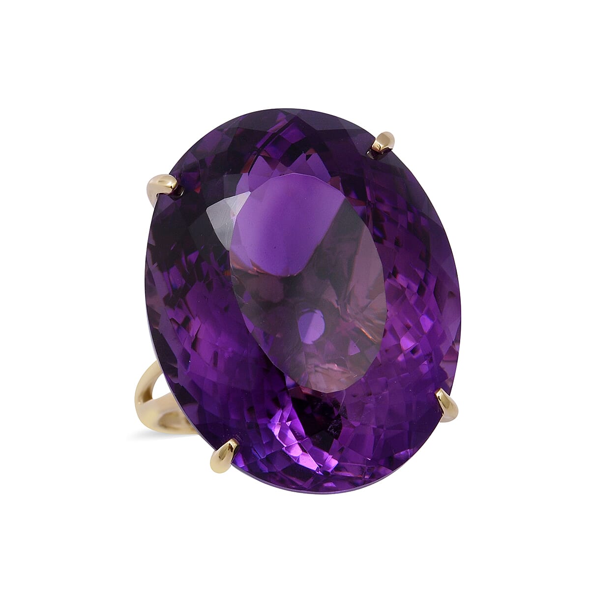9K Yellow Gold Natural AAA Lusaka Amethyst (Oval 28x22mm) Solitaire Ring 50.00 Ct.