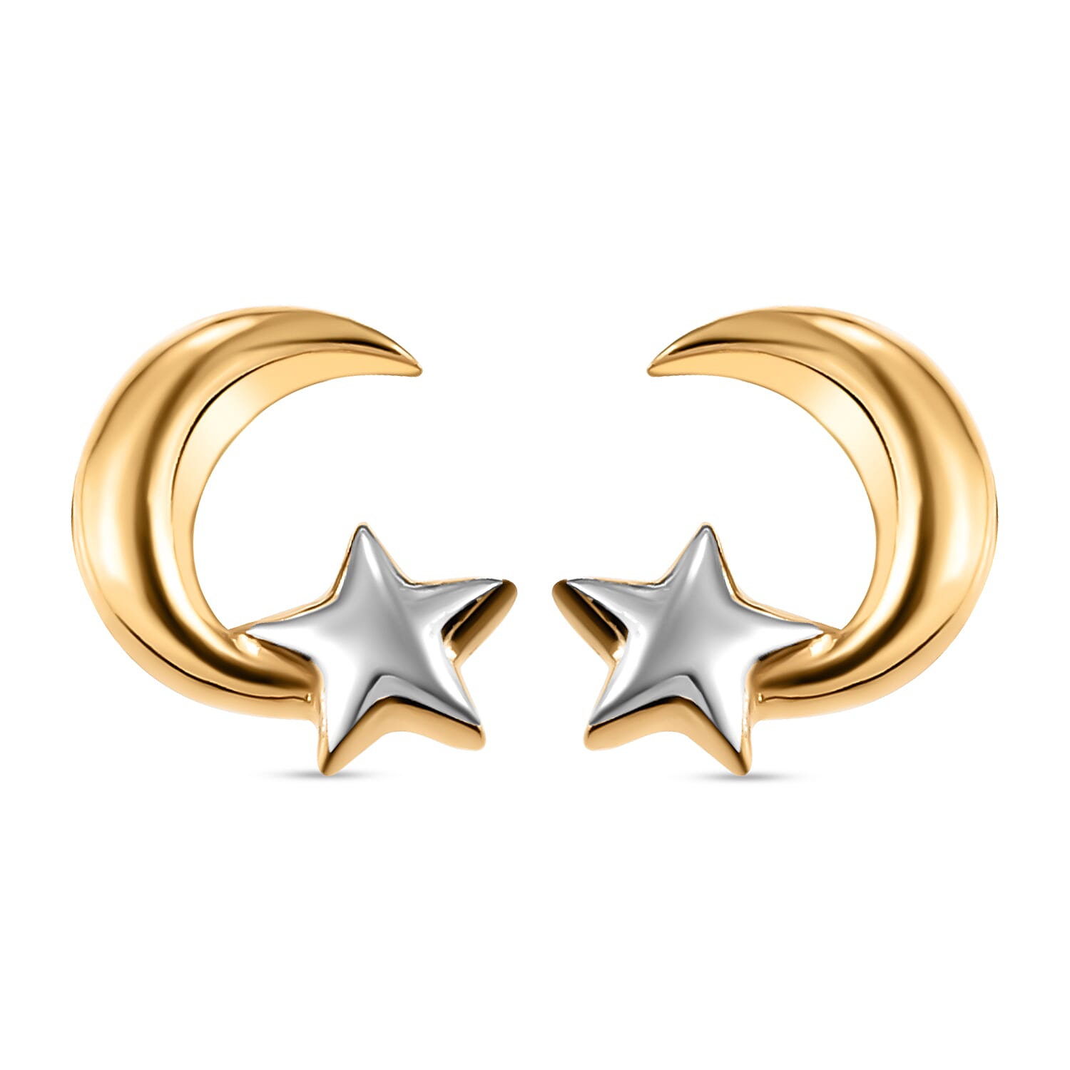 Platinum and Yellow Gold Overlay Sterling Silver Star & Moon Stud Earrings (With Push Back)