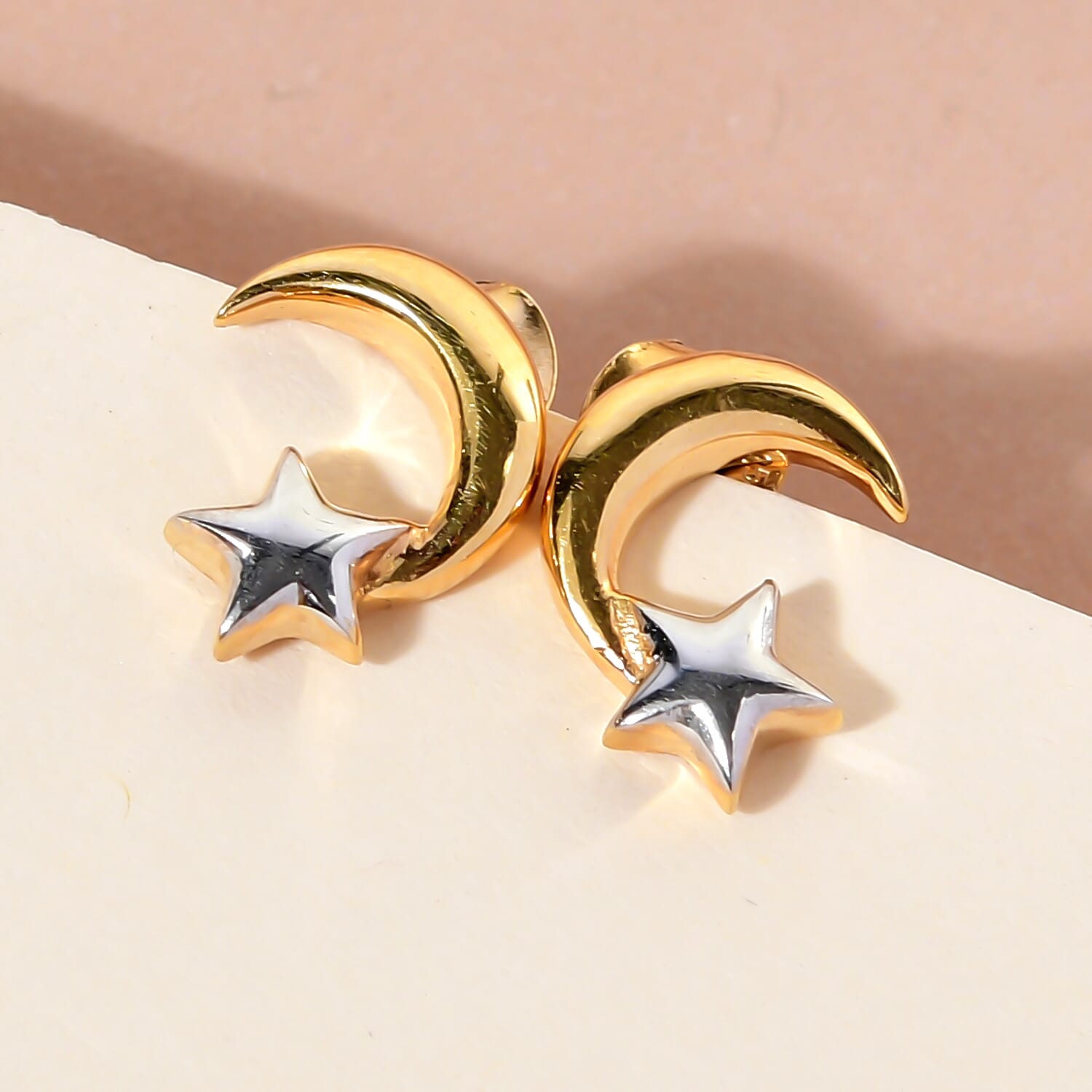 Platinum and Yellow Gold Overlay Sterling Silver Star & Moon Stud Earrings (With Push Back)