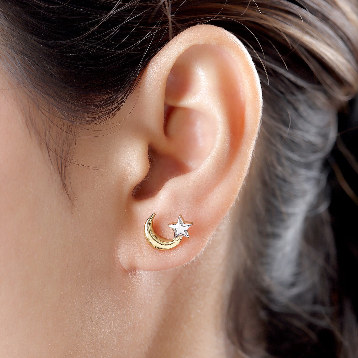 Platinum and Yellow Gold Overlay Sterling Silver Star & Moon Stud Earrings (With Push Back)