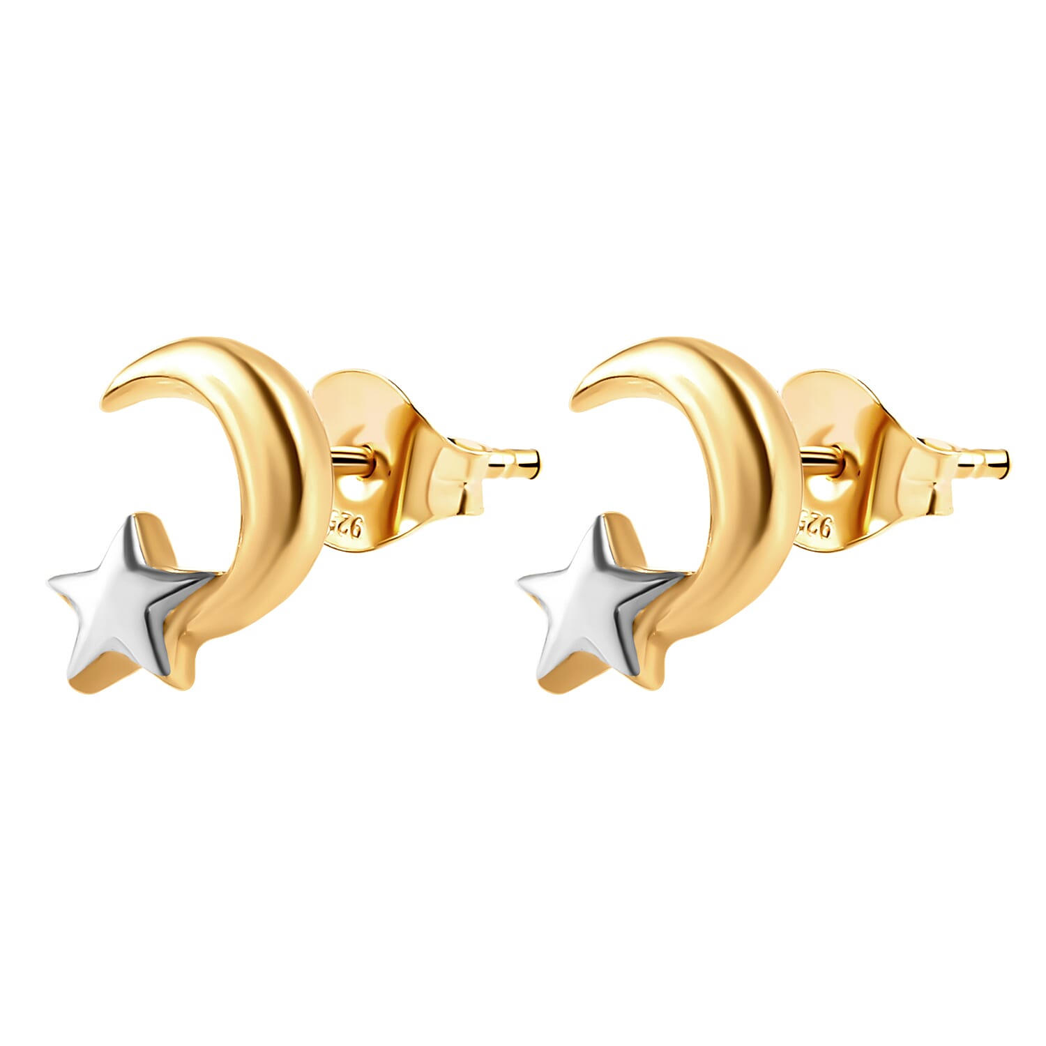 Platinum and Yellow Gold Overlay Sterling Silver Star & Moon Stud Earrings (With Push Back)