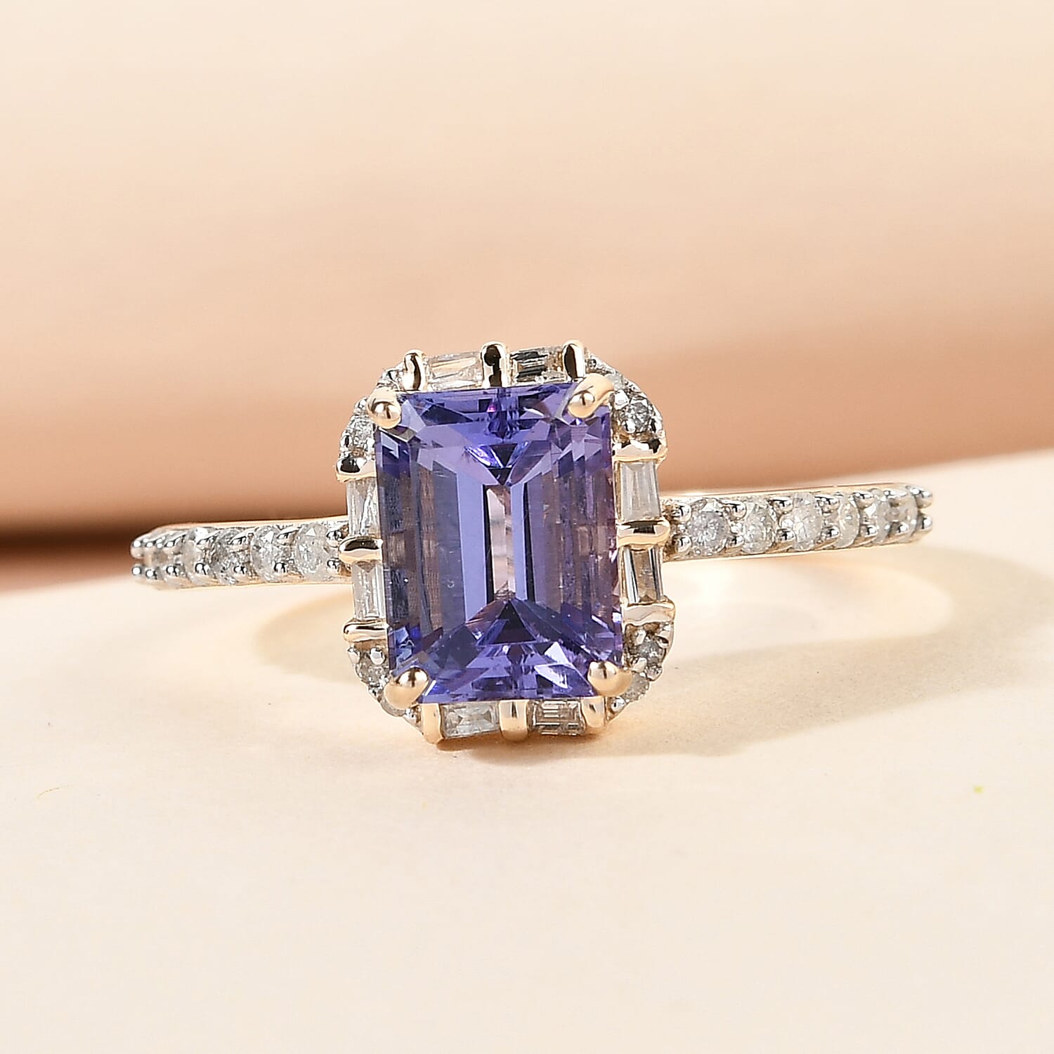 9K Yellow Gold Tanzanite and Diamond Halo Ring 1.85 Ct.