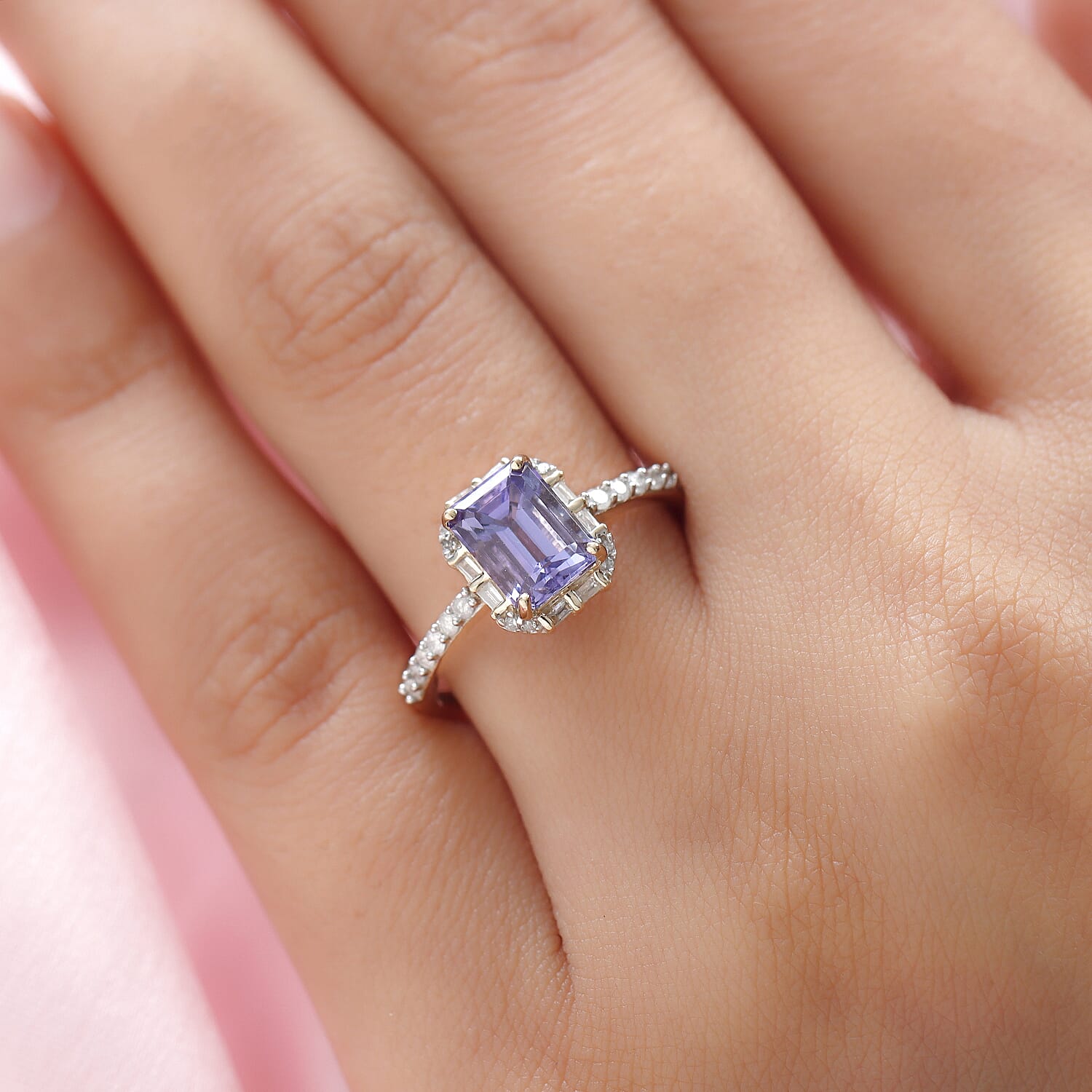 9K Yellow Gold Tanzanite and Diamond Halo Ring 1.85 Ct.