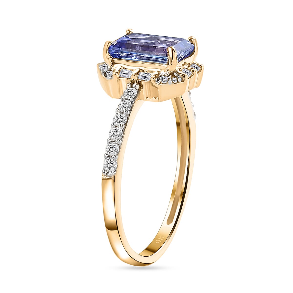 9K Yellow Gold Tanzanite and Diamond Halo Ring 1.85 Ct.