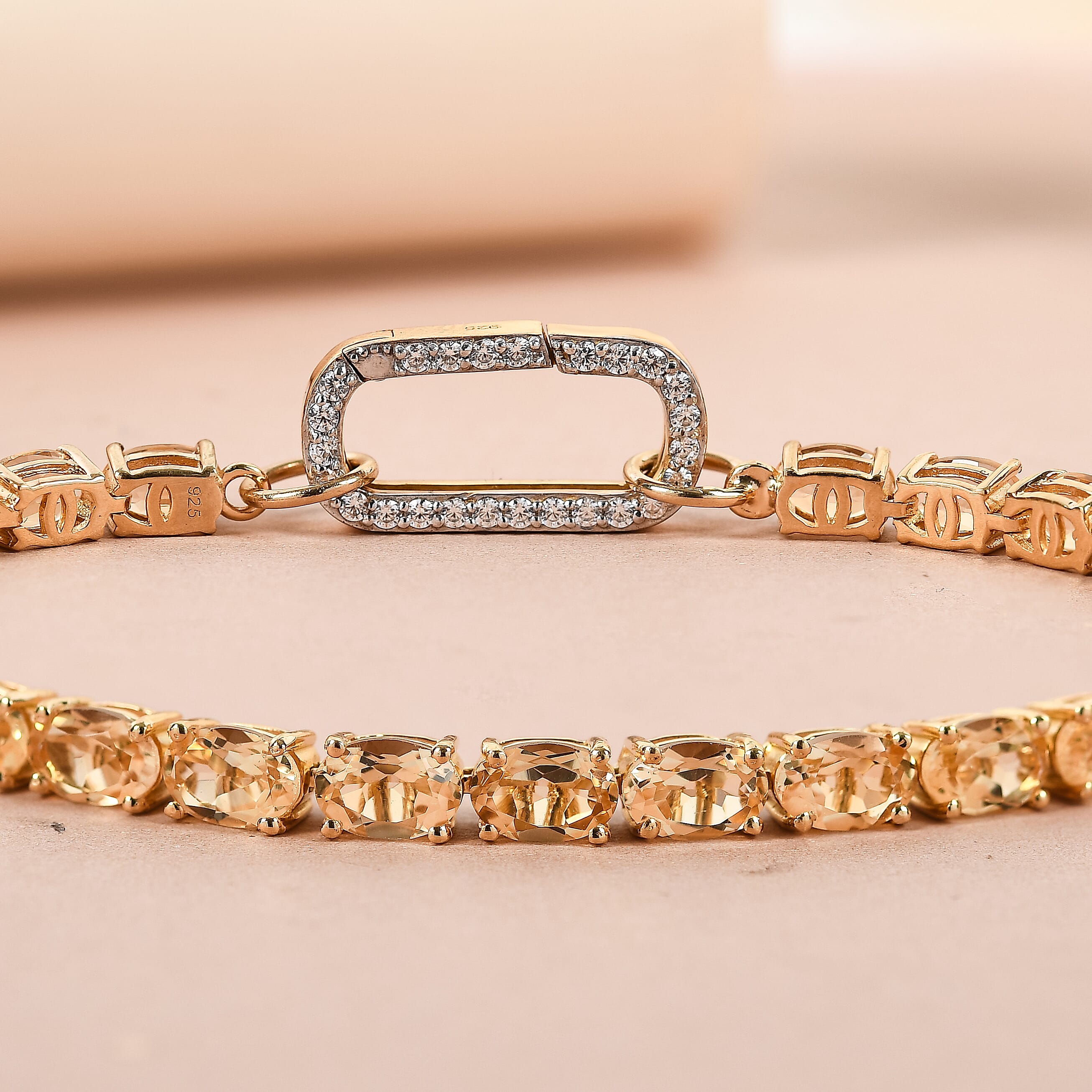 Citrine and Simulated Diamond Bracelet (Size - 7.5) in 14K Gold Overlay Sterling Silver, Silver Wt. 9.04 Gms