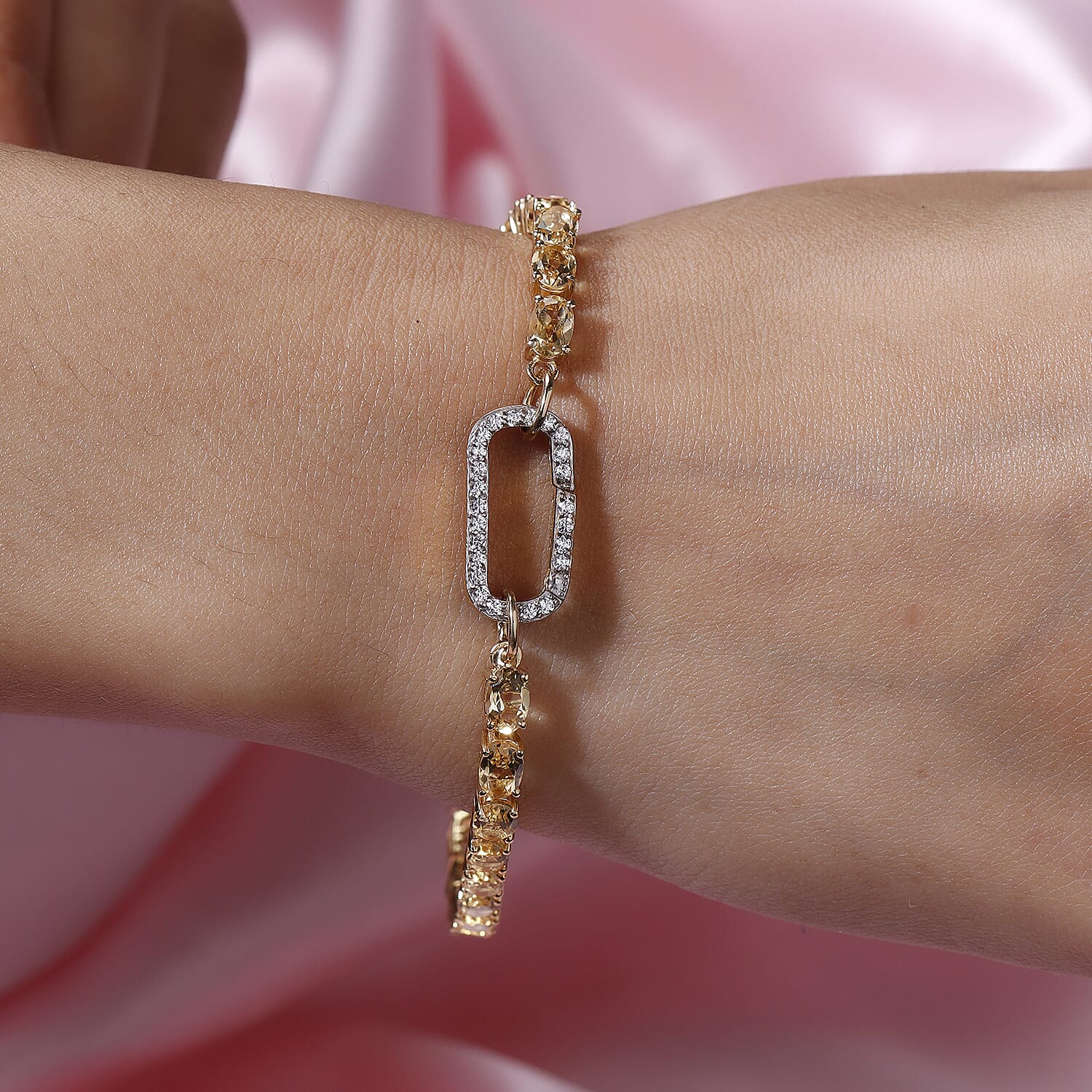 Citrine and Simulated Diamond Bracelet (Size - 7.5) in 14K Gold Overlay Sterling Silver, Silver Wt. 9.04 Gms