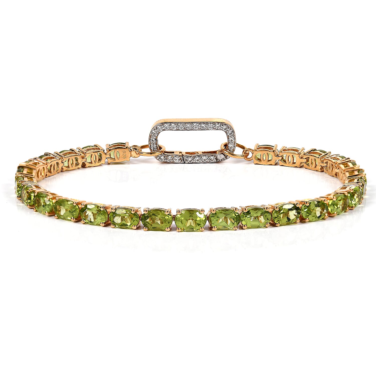 Hebei Peridot and Simulated Diamond Bracelet (Size - 7.5) in 14K Gold Overlay Sterling Silver, Silver Wt. 9.36 Gms