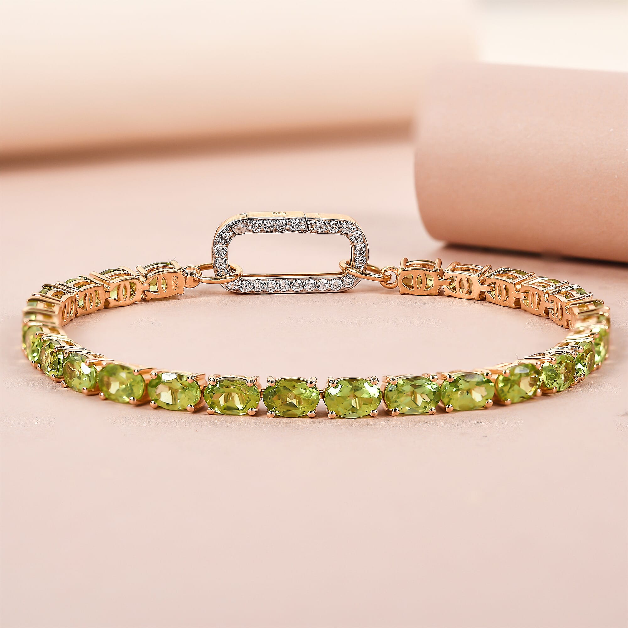 Hebei Peridot and Simulated Diamond Bracelet (Size - 7.5) in 14K Gold Overlay Sterling Silver, Silver Wt. 9.36 Gms