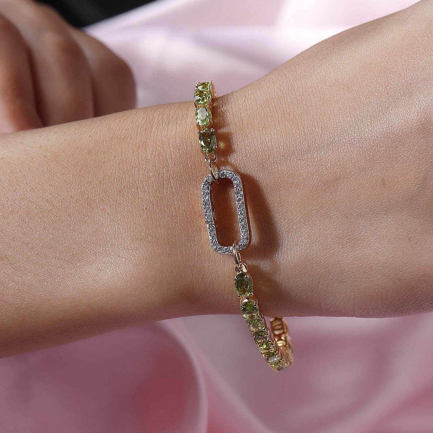 Hebei Peridot and Simulated Diamond Bracelet (Size - 7.5) in 14K Gold Overlay Sterling Silver, Silver Wt. 9.36 Gms