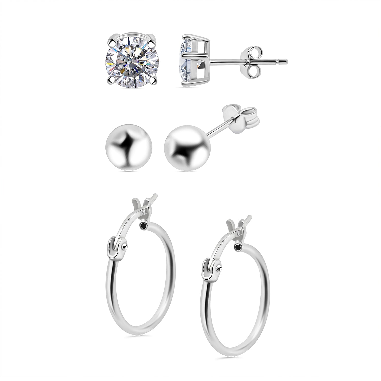 Biggest Close Out - Set of 3 Simulated Diamond Earrings (With Push Back - Clasp) in Sterling Silver