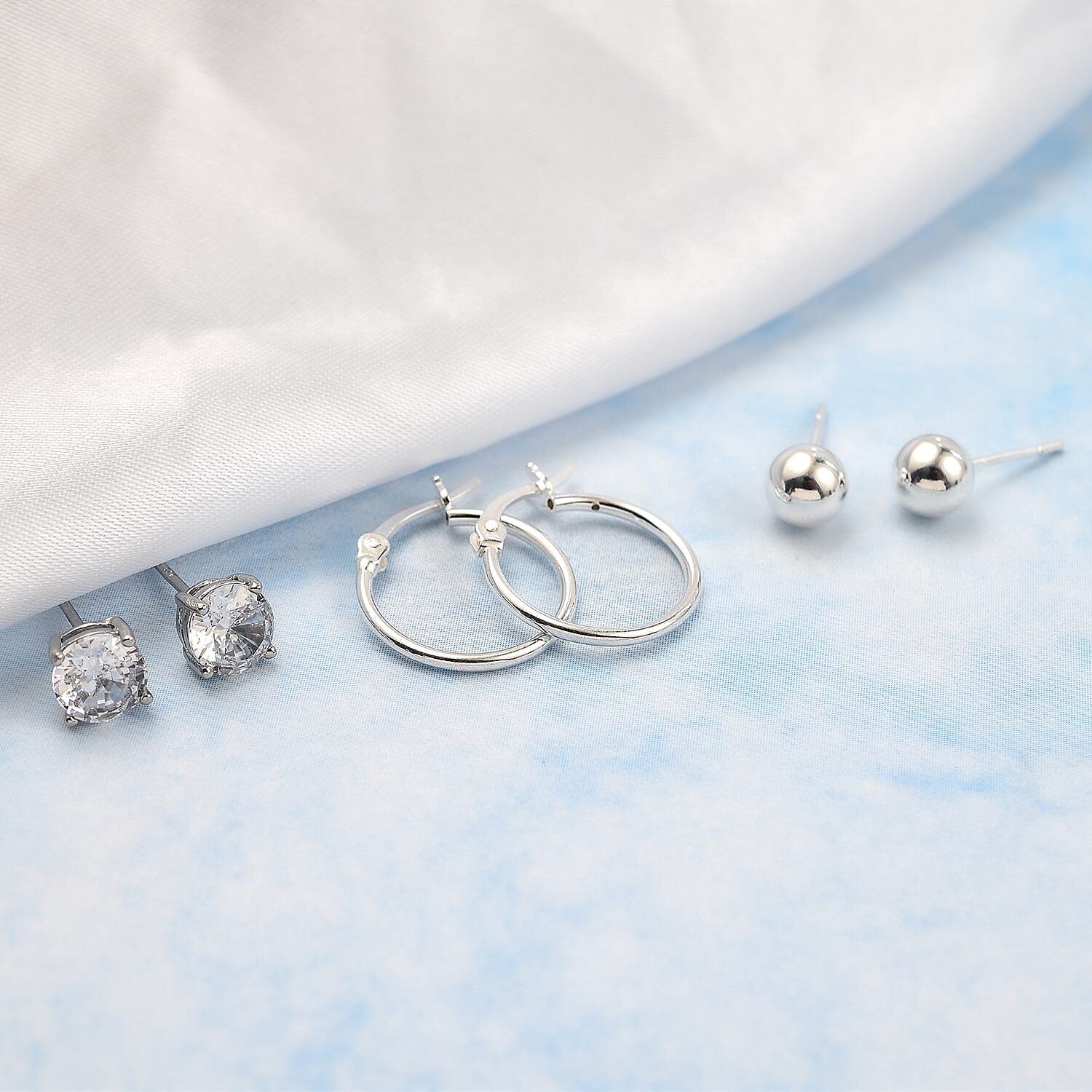 Biggest Close Out - Set of 3 Simulated Diamond Earrings (With Push Back - Clasp) in Sterling Silver