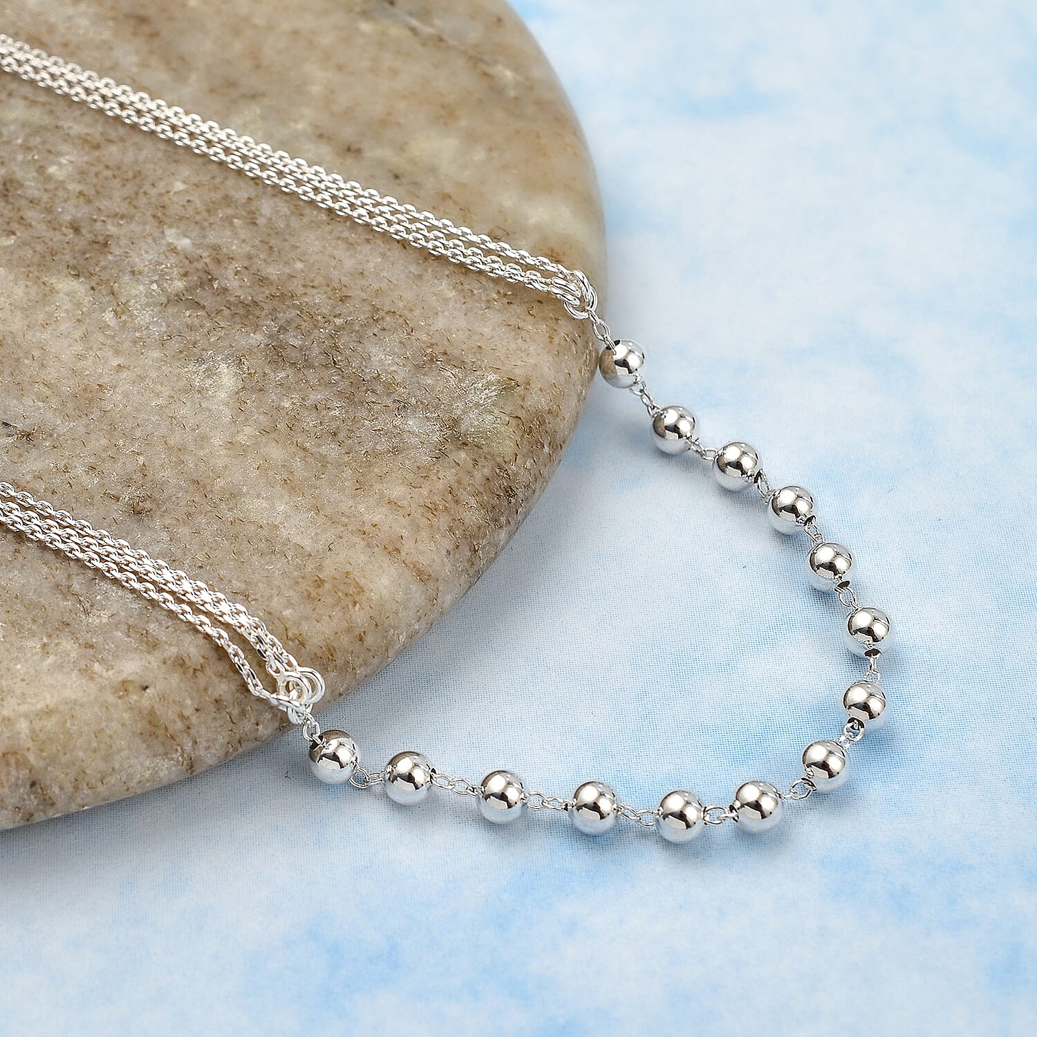 Sterling Silver Bead Station Necklace (Size 20) Adjustable with Spring Ring Clasp