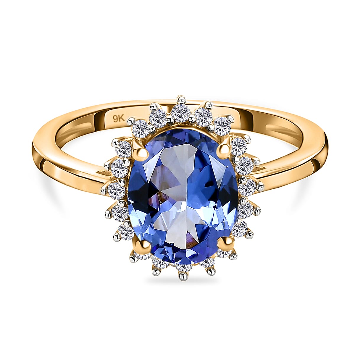 9K Yellow Gold Premium Tanzanite and Diamond Halo Ring 1.85 Ct.
