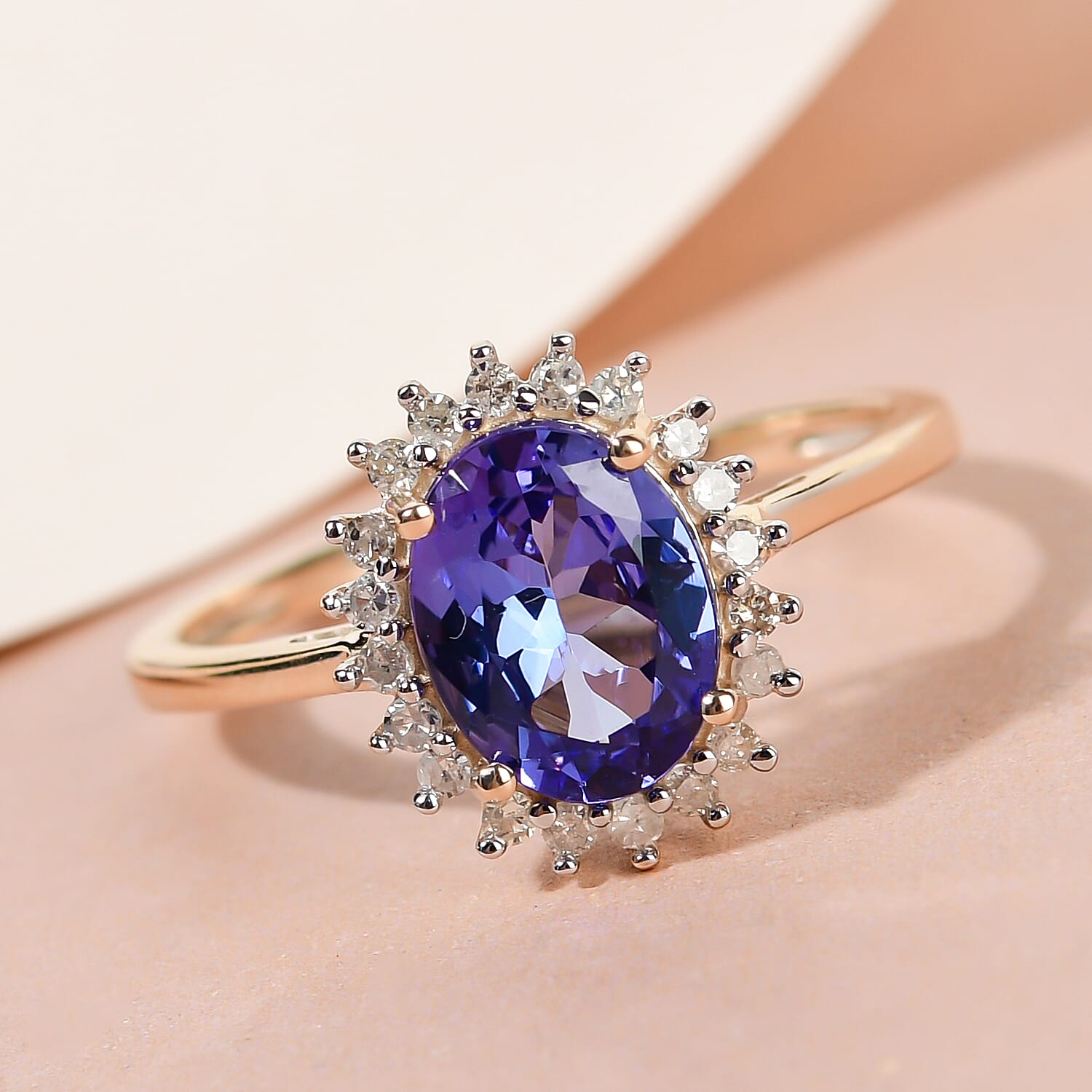 9K Yellow Gold Premium Tanzanite and Diamond Halo Ring 1.85 Ct.