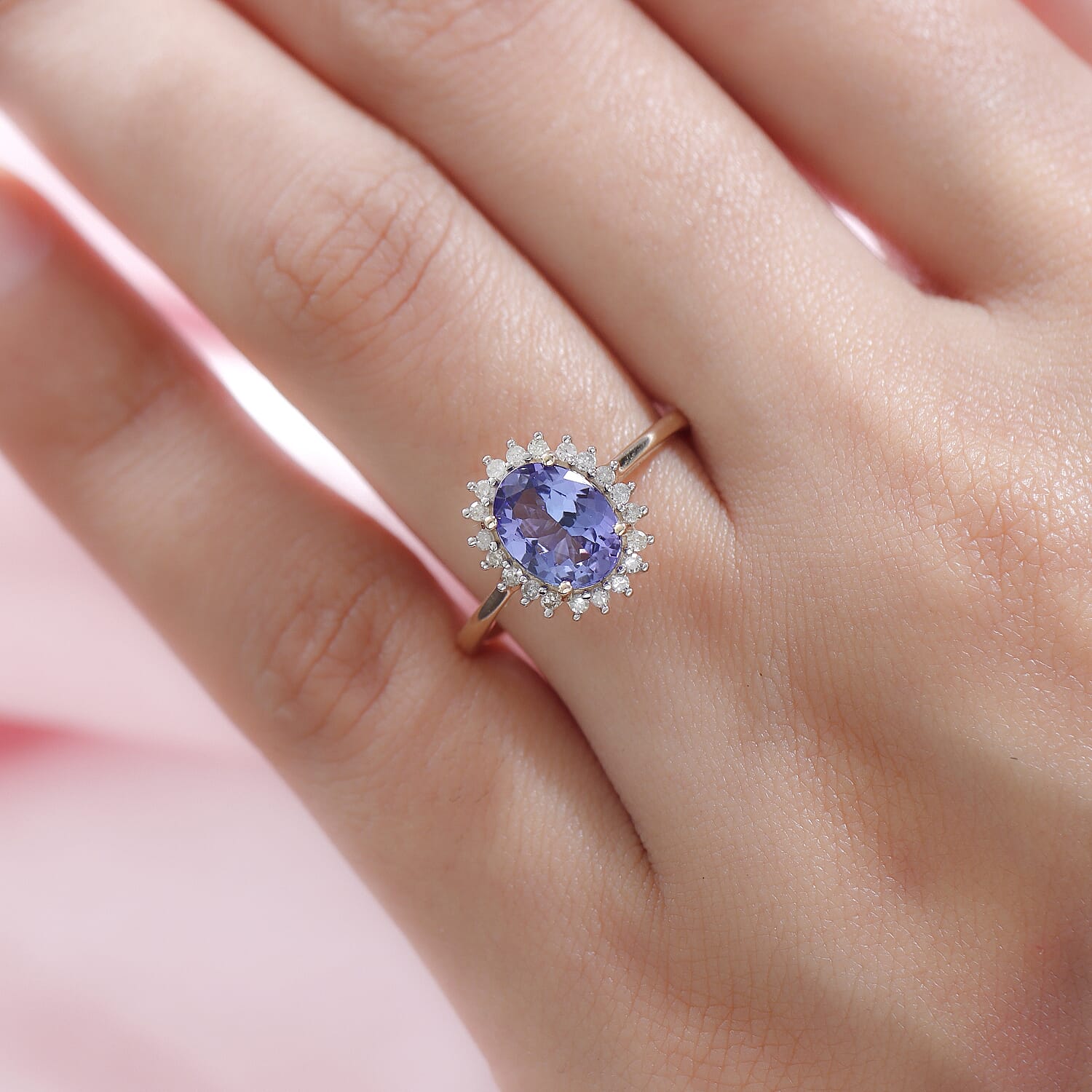 9K Yellow Gold Premium Tanzanite and Diamond Halo Ring 1.85 Ct.