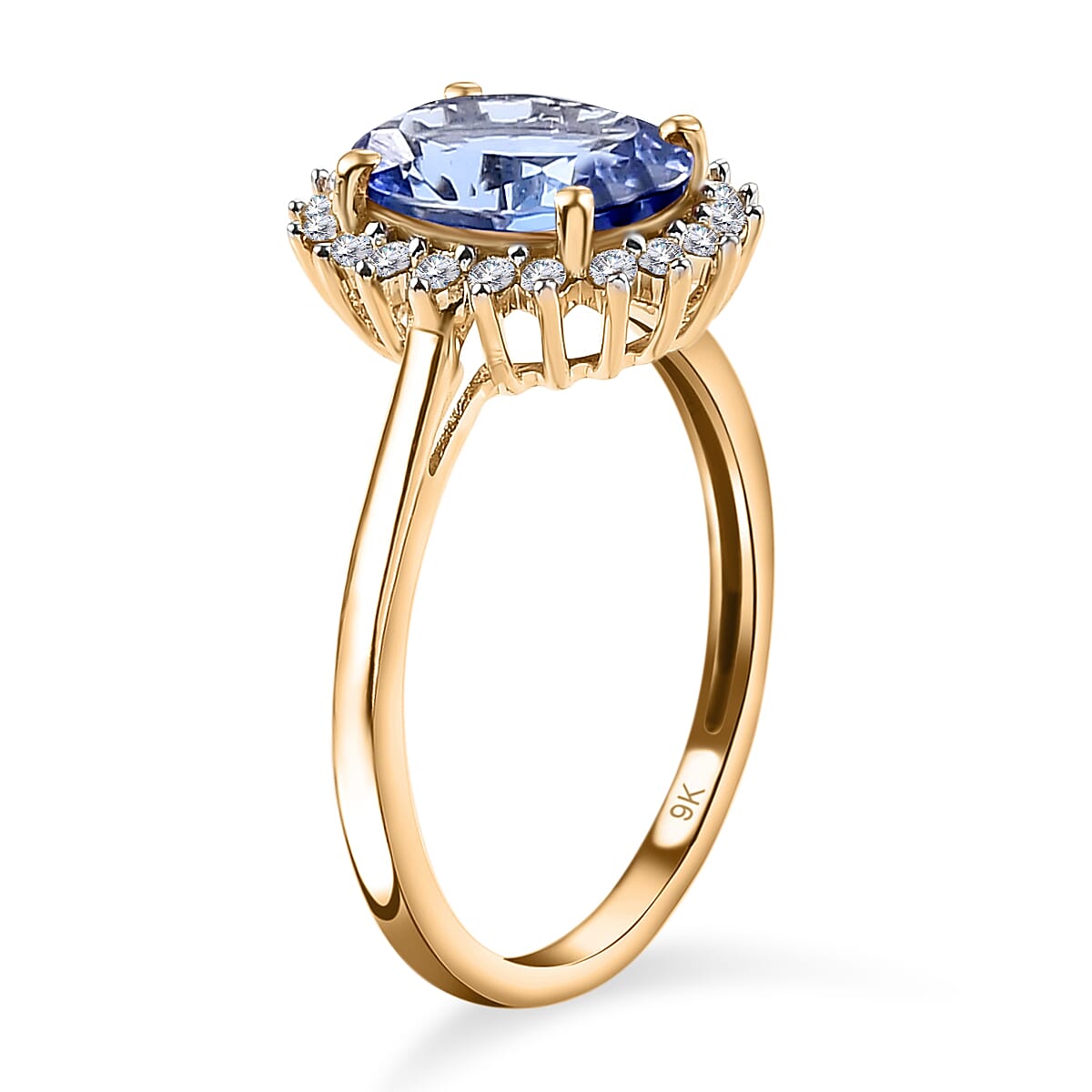 9K Yellow Gold Premium Tanzanite and Diamond Halo Ring 1.85 Ct.