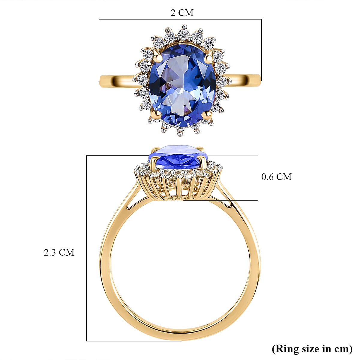 9K Yellow Gold Premium Tanzanite and Diamond Halo Ring 1.85 Ct.