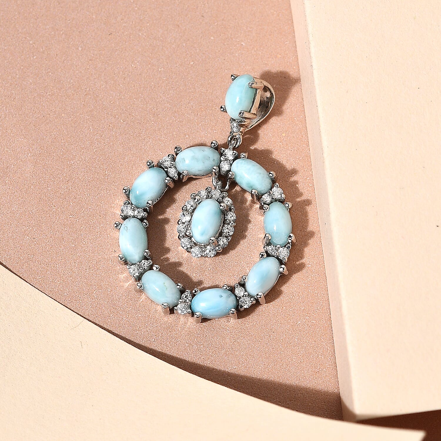 Larimar and Natural Cambodian Zircon Pendant in Platinum Overlay Sterling Silver 3.32 Ct.