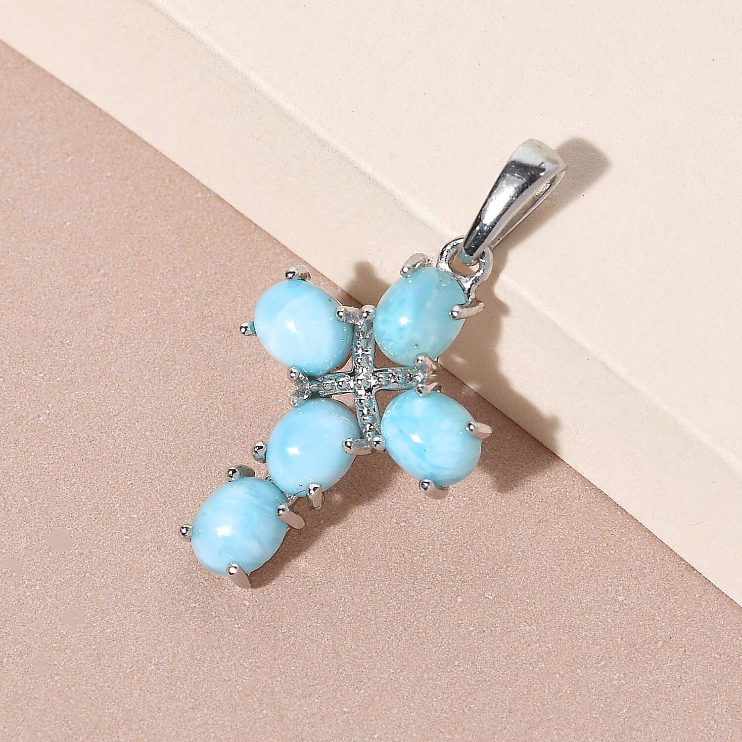 Larimar Cross Pendant in Platinum Overlay Sterling Silver 2.18 Ct