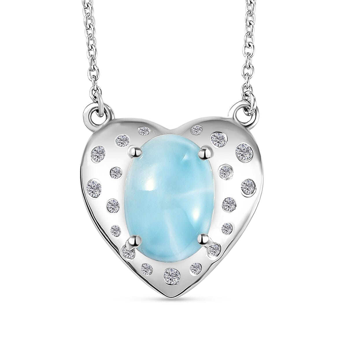 Larimar and Natural Cambodian Zircon Heart Necklace (Size - 18) in Platinum Overlay Sterling Silver 6.55 Ct, Silver Wt. 6.07 Gms