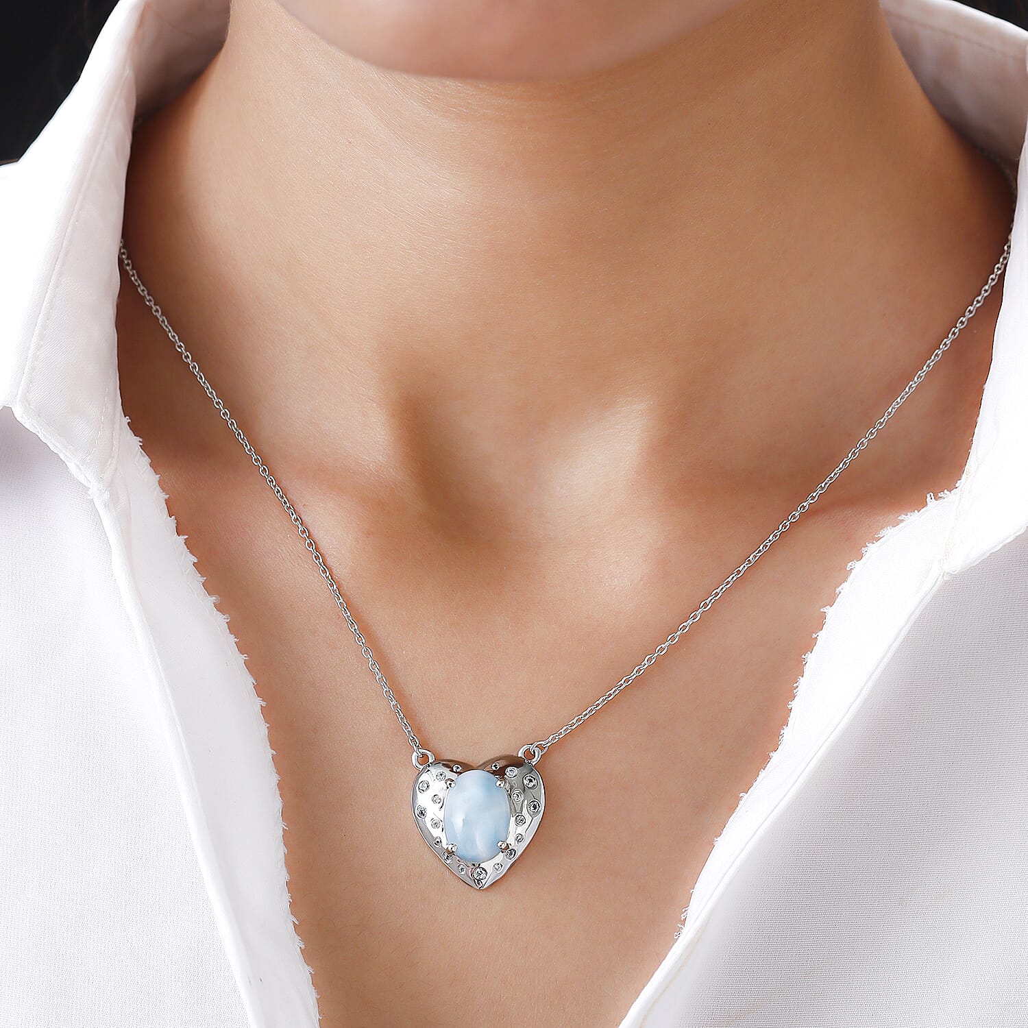 Larimar and Natural Cambodian Zircon Heart Necklace (Size - 18) in Platinum Overlay Sterling Silver 6.55 Ct, Silver Wt. 6.07 Gms