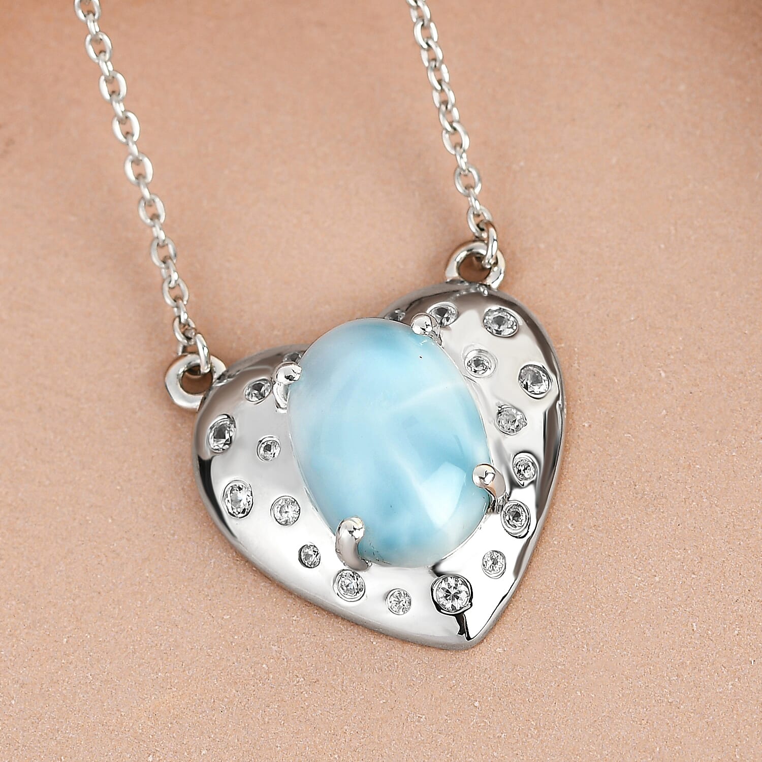 Larimar and Natural Cambodian Zircon Heart Necklace (Size - 18) in Platinum Overlay Sterling Silver 6.55 Ct, Silver Wt. 6.07 Gms