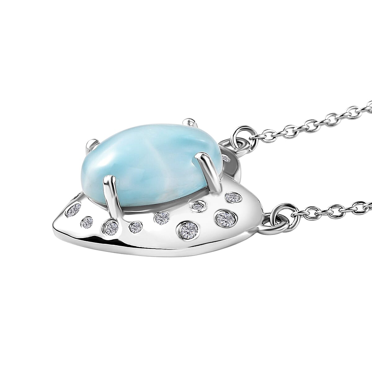 Larimar and Natural Cambodian Zircon Heart Necklace (Size - 18) in Platinum Overlay Sterling Silver 6.55 Ct, Silver Wt. 6.07 Gms