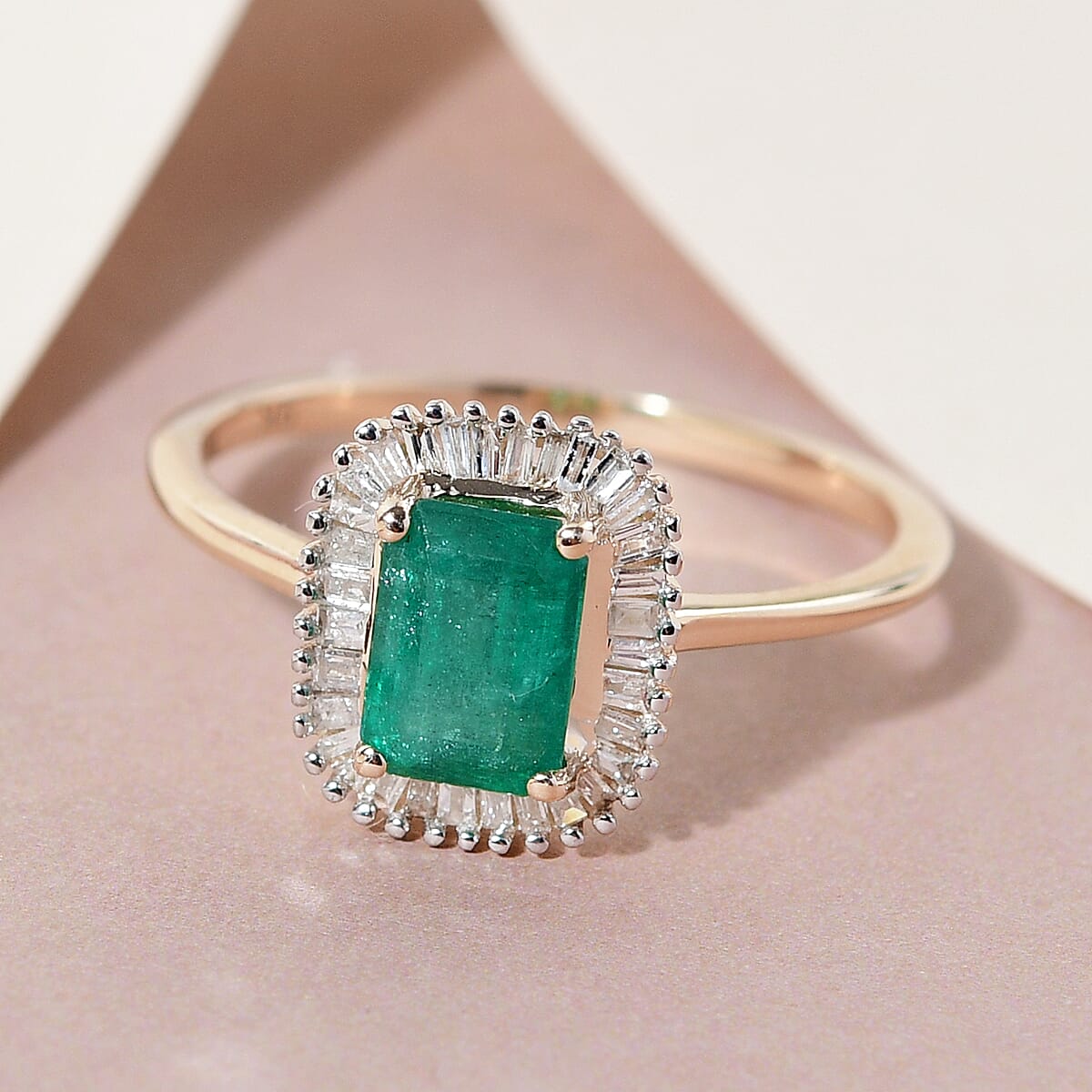 9K Yellow Gold AAA Kagem Zambian Emerald and Diamond Ring 1.22 Ct.